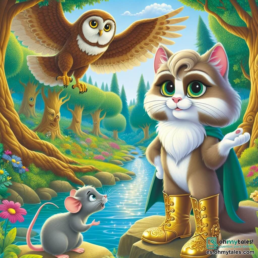 El Gato con Botas, un gato elegante con pelaje sedoso y ojos brillantes como esmeraldas, se erige orgullosamente sobre una piedra al borde de un arroyo centelleante. Lleva botas de cuero dorado que brillan bajo el sol, y su expresión es decidida y valiente, listo para defender a su amigo. A su lado, Miguelito, un pequeño ratón de pelaje gris y grandes orejas, mira al Gato con admiración. Tiene un aire preocupado pero esperanzado, manteniéndose ligeramente atrás, con las patas temblorosas, mientras observa el cielo donde se acerca un gran búho. El gran búho, con plumas marrones y blancas, ojos redondos y penetrantes, planea majestuosamente sobre ellos, pareciendo indeciso. Está descendiendo lentamente, curioso por lo que sucede abajo. La escena se desarrolla en un bosque encantado, donde árboles de troncos retorcidos y hojas vibrantes rodean un arroyo de aguas cristalinas. Flores multicolores bordean el camino, y rayos de sol atraviesan el follaje, creando una atmósfera mágica. La situación principal muestra al Gato con Botas enfrentándose valientemente al búho que se aproxima, listo para defender a su amigo, ilustrando un momento de tensión y valentía en esta aventura mágica.