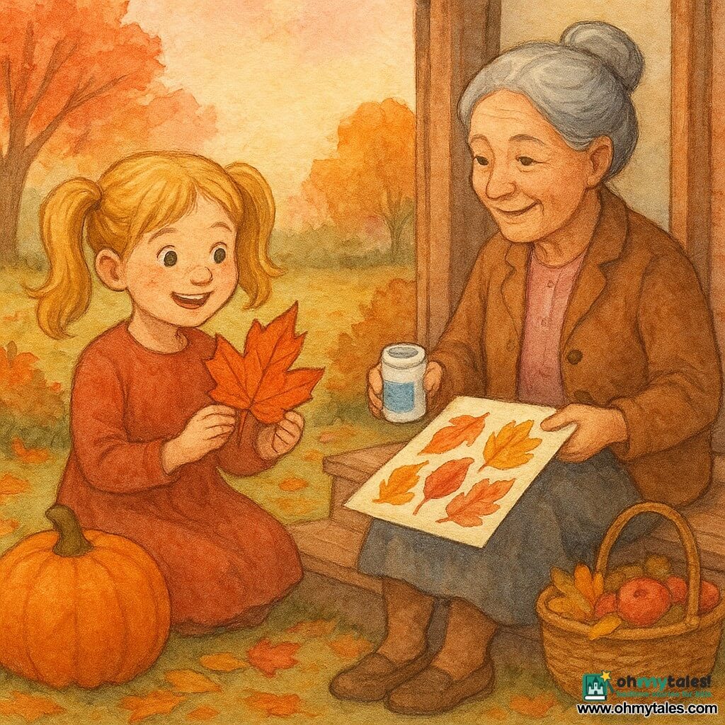 An 8-year-old girl with golden blonde pigtails, a round freckled face and a delighted smile gathers red, orange and yellow leaves and holds a large veined leaf while her kind, ~70-year-old grandmother with gray hair in a bun and gentle wrinkled features sits on a wooden porch step, shows a scrapbook page and hands her a jar of glue; a large orange pumpkin sits by a wicker basket of leaves and apples in an autumn garden of crisp leaf-covered lawn, textured brown tree trunks, coppery bushes and a peachy sunset sky — the centered, warm scene shows them gluing leaves onto a large white sheet on their laps in golden light, with visible paper and paint textures, a warm autumn palette and a soft granular watercolor style with delicate strokes and light shadows, evoking nostalgia.