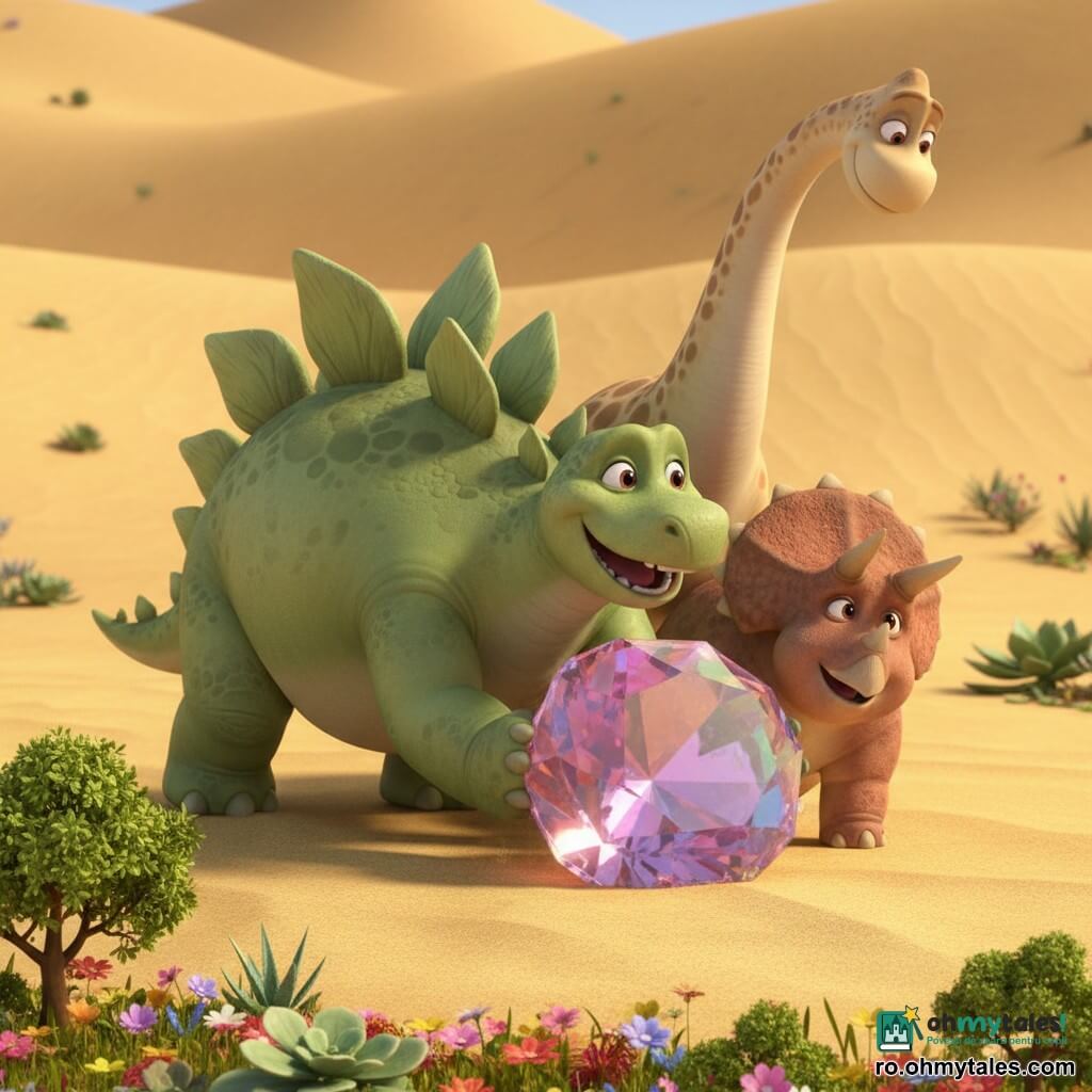 Un stegozor rotund și prietenos împinge cu energie o piatră prețioasă multicoloră în nisip, ajutat de un brahiosaur mare și blând care îl împinge din lateral și de un triceratops robust care împinge din cealaltă parte; pe un fundal deșertic cu dune joase și plante suculente, în prim-plan o poiană de flori și copaci verzi, cei trei dinozauri, uniți și veseli, transportă împreună o piatră uriașă strălucitoare într-o scenă luminoasă și dinamică.