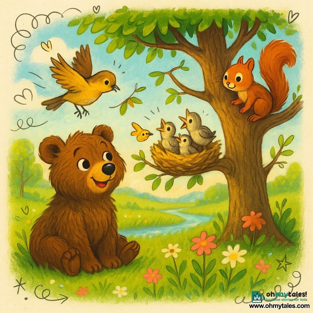 A young brown bear with soft shaggy fur, round bright eyes and a curious, joyful expression sits on its hind legs beneath a tree watching a nest; a small colorful mother bird with yellow-and-brown plumage lands on a branch to feed three tiny fluffy cream-and-mottled-gray chicks that gape and chirp in the nest; Daisy the red squirrel with a bushy tail perches on a nearby branch, mischievous and kind, observing; setting: a bright spring meadow with tender green grass, pink and white wildflowers, a sparkling stream and pale blue sky with a few fluffy clouds; main scene: a peaceful spring morning with golden sunlight filtering through leaves and a soft, lively atmosphere; graphic style: vivid contrasting colors, warm rounded lines, visible fur and feather textures, composition centered on the tree and group with doodle overlays of flowers, musical notes and wind lines.