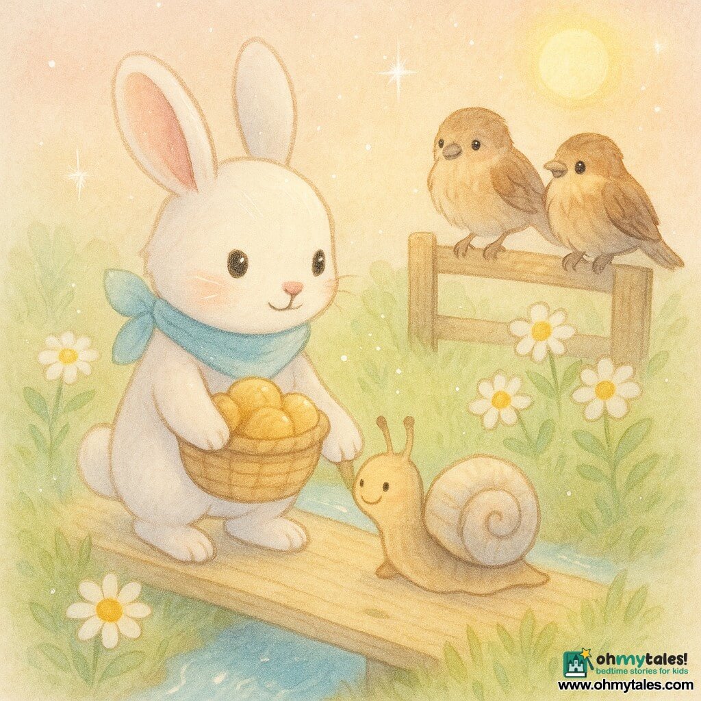 Main character: a small white rabbit with pink ears, a sky-blue scarf, round bright eyes and a proud, reassured expression, gently holding a wicker basket of golden muffins; secondary: a pearlescent-shelled snail beside the rabbit on a light-plank bridge, slow and content, the rabbit holding its foot; another secondary: two brown sparrows perched on a nearby wooden railing, ruffled feathers and curious looks, one holding a tiny shiny button; setting: a small light-plank bridge over a murmuring stream, banks dotted with white daisies and tender green grass, pale pink morning sky with golden sun patches; scene: a tender moment as the rabbit helps the snail cross, calm reassuring gestures, soft pastel watercolor textures with sparkling white highlights.