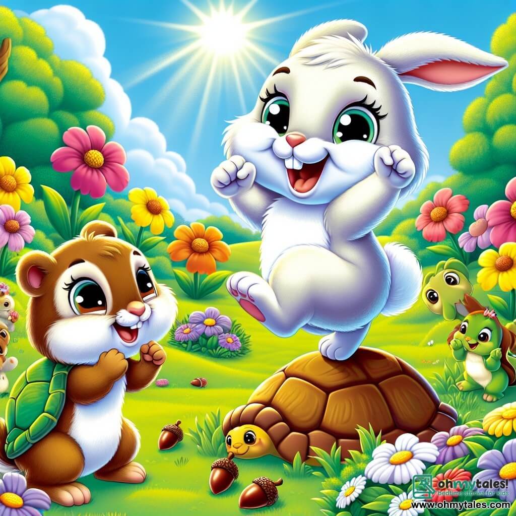An illustration depicts a small white rabbit with bright eyes and long ears, expressing great joy and determination. It is enthusiastically jumping on a sunny stage surrounded by colorful flowers and green grass. Nearby, a female squirrel with brown fur and sparkling eyes is clapping with a big smile, showing her support. A male turtle with a green shell and gentle eyes plays a cheerful rhythm by tapping on his shell, displaying an encouraging expression. The main setting is a bright meadow filled with vibrant flowers under a clear blue sky dotted with fluffy white clouds. Forest animals gather around the scene, creating a festive and joyful atmosphere. The main situation shows the little rabbit, after stumbling, getting back up with a big smile and starting to jump again, inspiring confidence and happiness in all who watch. Additional graphic elements include acorns and leaves scattered on the ground, sun rays illuminating the scene, and animal friends watching in admiration, all celebrating the courage and self-confidence of the little rabbit.