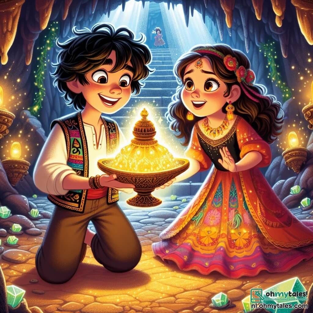 Aladdin, een jonge man met zwart, krullend haar, draagt een kleurrijke vest en een ruime broek. Zijn gezicht straalt blije vastberadenheid uit terwijl hij een oude lamp vasthoudt die een gouden gloed uitstraalt, in het midden van een mysterieuze grot. Naast hem staat Jasmine, een meisje van ongeveer 16 jaar met lang bruin haar en sprankelende ogen, die een elegante, kleurrijke jurk draagt. Ze kijkt Aladdin bewonderend aan, klaar om dit avontuur te delen. De grot is gevuld met schitterende kristallen die levendige kleuren op de muren reflecteren, wat een magische sfeer creëert. Stalactieten hangen aan het plafond en op de grond voegen groene lianen een vleugje mysterie toe. De belangrijkste situatie toont Aladdin en Jasmine die de magische lamp ontdekken, omringd door een gouden licht dat van het voorwerp lijkt te komen, wat hoop en ontwakende dromen symboliseert.