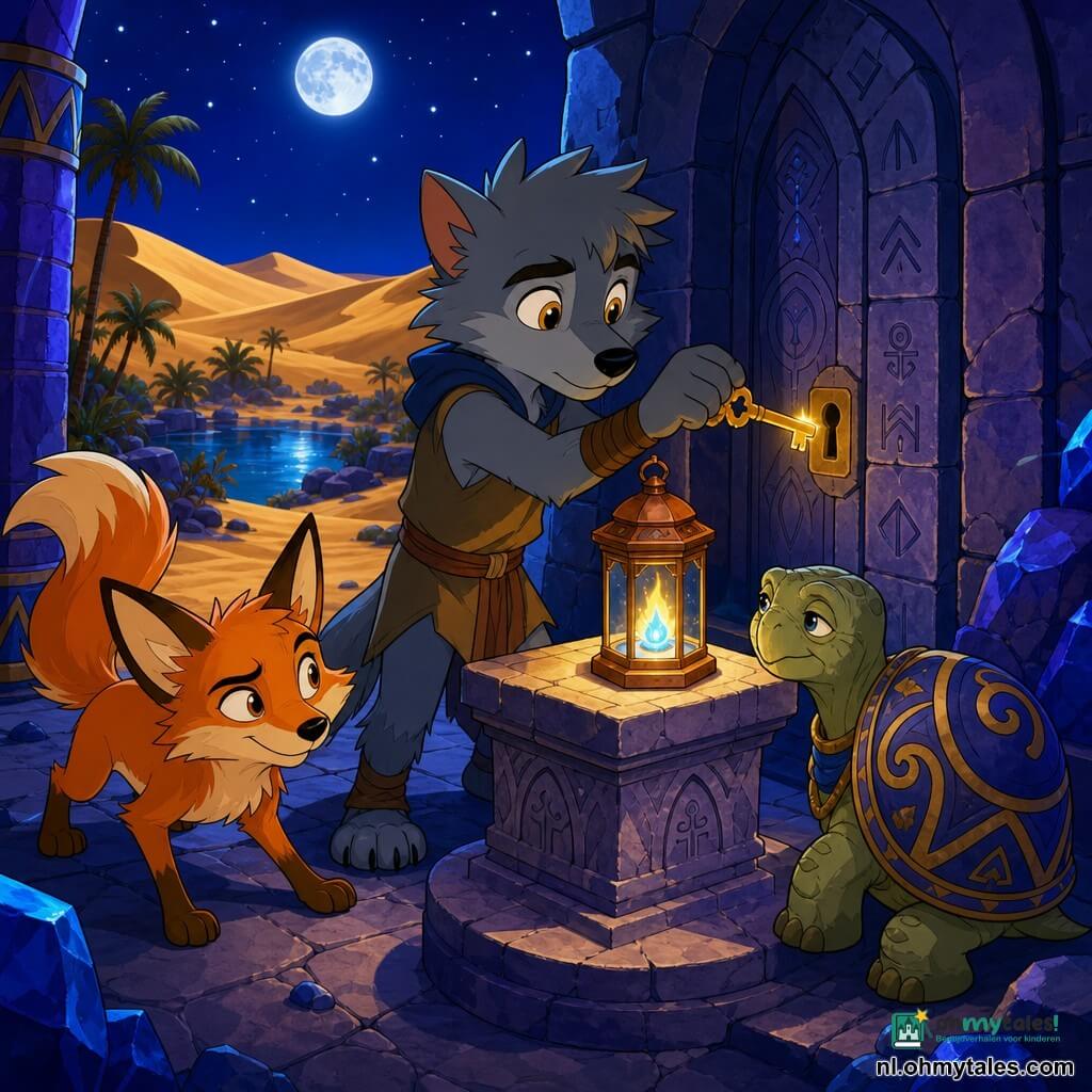 Een verlegen maar vastberaden jonge weerwolf met zacht grijsblauw vachtje en glanzende amberogen plaatst een kleine koperen lantaarn met een minivlam in blauw en goud op een stenen voetstuk terwijl hij een blinkende sleutel in een oude sleutelplaats steekt; een sluwe roodbruine woestijnvos met een pluimstaart loopt naast hem, nieuwsgierig naar de lantaarn; een wijze oude schildpad met een schild versierd in blauw en goud zit bij de tempelpoort en kijkt vriendelijk toe; de scène speelt zich af in een nachtelijke oase tussen fonkelende gouden duinen en saffierblauwe rotsen onder een sterrenhemel met een zilveren maan, de kleine stenen tempeldeur is met runen bewerkt en het versleten centrale voetstuk en binnenmuren tonen blauwe en paarse reflecties, een zacht gespannen, hoopvol lichtmoment.