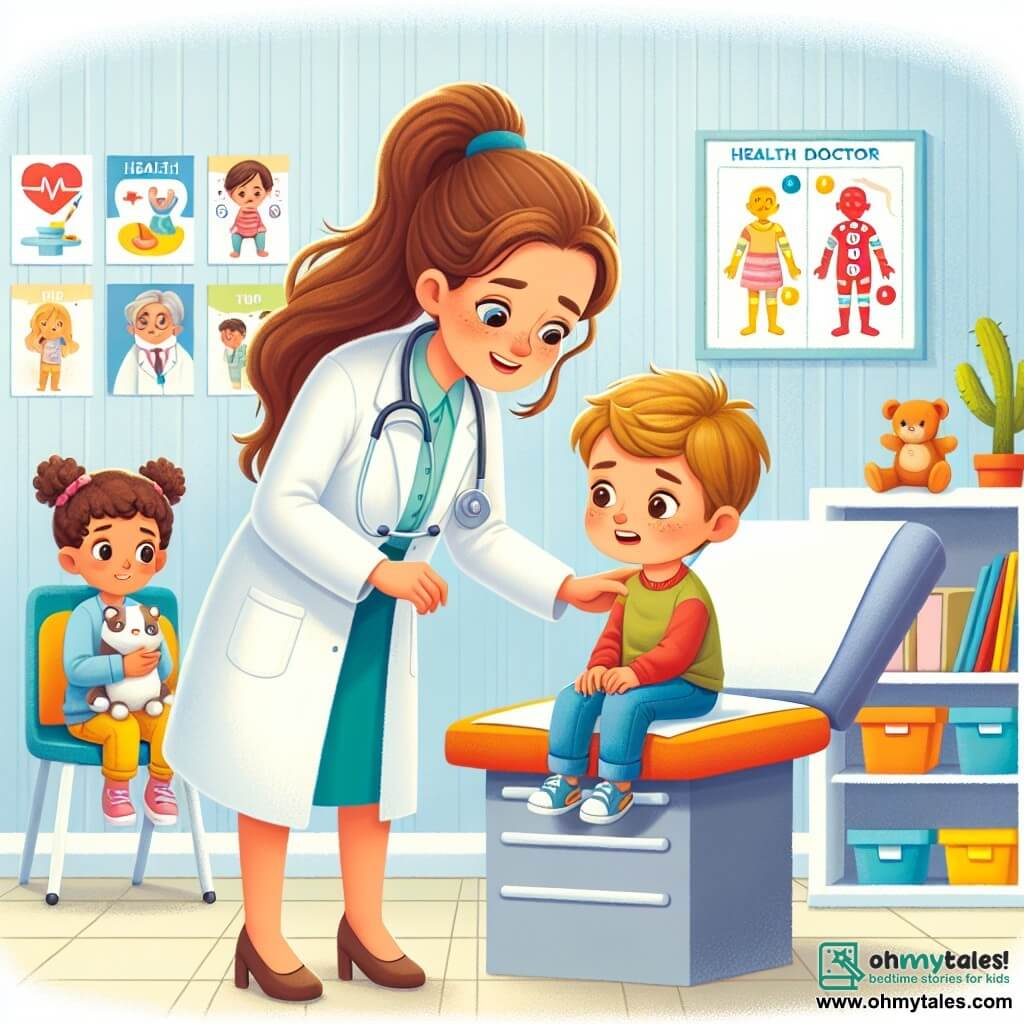 Dr. Lily is a smiling female doctor with long brown hair tied in a ponytail. She wears a spotless white coat and a stethoscope around her neck. She leans kindly towards a small boy, Tim, about 6 years old, with messy blonde hair and a worried face. Tim is sitting on an examination table, his small hands clutching his knees, while Dr. Lily speaks gently to reassure him. In the room, a 5-year-old girl with curly hair and bright eyes sits on a chair holding a stuffed animal, looking at Dr. Lily with hope, waiting for her turn to receive help. The setting is a bright and colorful consultation room, with health posters on the walls, toys scattered on the floor, and a window letting in sunlight, creating a warm and welcoming atmosphere. The main situation shows Dr. Lily examining Tim, who is complaining of a stomach ache, while the little girl patiently waits for her turn, surrounded by an atmosphere of care and comfort.