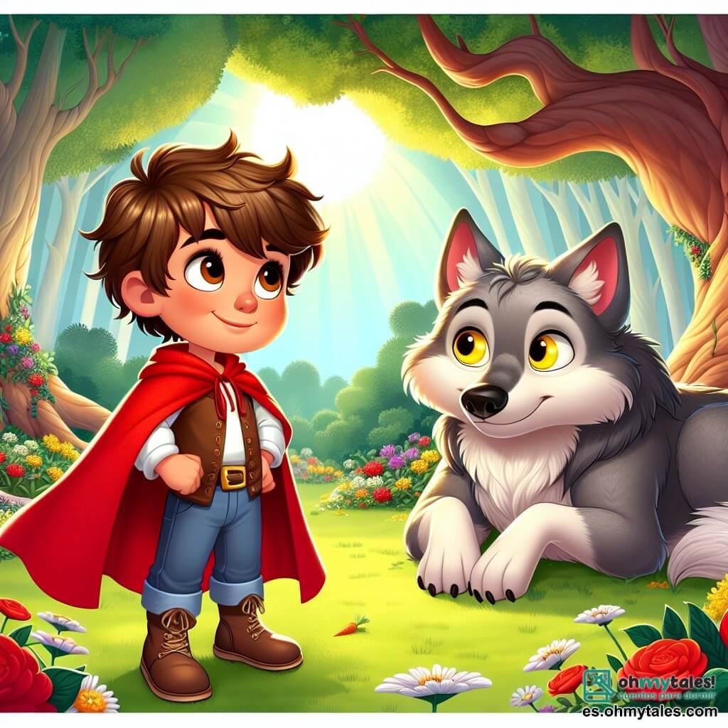 Un niño de 4 años, llamado Pablo, con cabello castaño desordenado y ojos brillantes de curiosidad, lleva una capa roja brillante. Tiene una sonrisa valiente en su rostro, mostrando su determinación. Pablo está de pie, con las manos en las caderas, frente a un gran lobo de pelaje gris y ojos amarillos, que parece sorprendido pero amistoso. El lobo, que parece tener unos 5 años en edad lobo, está sentado bajo un gran roble, con una expresión suave y una ligera sonrisa. Mira a Pablo con admiración, sosteniendo una zanahoria en su pata. La escena transcurre en un bosque encantado, con árboles majestuosos de hojas verdes brillantes, flores coloridas esparcidas por el suelo y rayos de sol filtrándose a través de las ramas. Pablo, con valentía, se dirige al lobo, listo para defender a sus amigos, mientras que el lobo, un poco tímido, expresa su deseo de compartir una sopa de verduras. La atmósfera es cálida y amistosa, llena de colores vivos y luz suave, ilustrando el comienzo de una hermosa amistad.