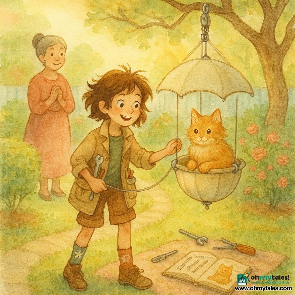 Ellie, an 11-year-old inventive girl with messy brown hair, a focused smile and sparkling eyes, wearing mismatched socks (a star and a gear) and a pocketed tool jacket, gently operates a pulley to lower a padded umbrella basket; nearby Mrs. Rivera, about 50 with gray hair in a bun, stands on the lawn by a wooden gate with a relieved, grateful expression and clasped hands; Marmalade, a fluffy ginger cat, sits alert and reassured in the "Cat Cloud" basket among the twisted branches of a large oak in a colorful suburban garden with a paved path, trimmed hedge, blooming rosebush and pale blue fence; soft, bright watercolor in pastel washes (warm yellows, soft greens, orange), delicate textures and white gel-pen highlights on metal, the basket and the cat's eyes.