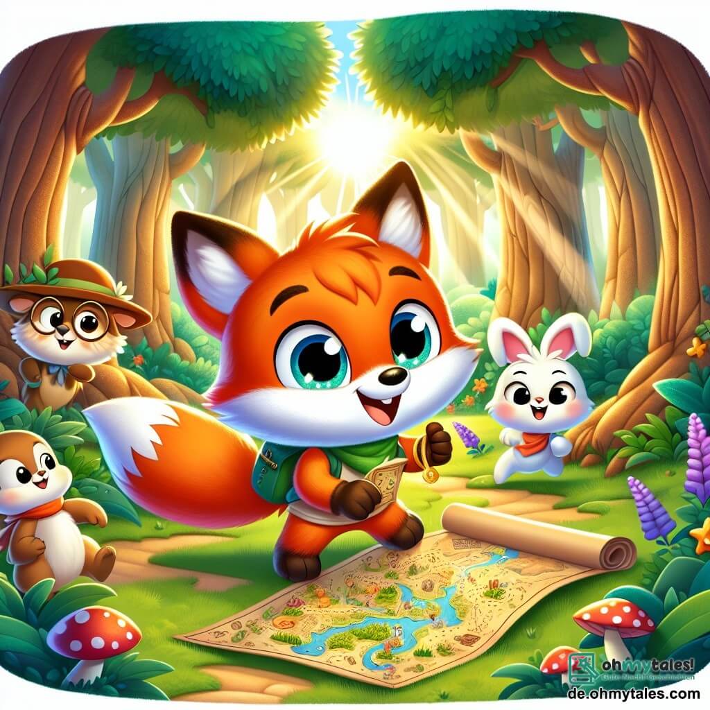 Ein kleiner Fuchs namens Felix, mit leuchtend orangefarbenem Fell und neugierigen Augen, steht im Zentrum des Bildes und hält mit einem breiten Lächeln eine Schatzkarte. Rechts von ihm springt ein kleiner weißer Hase mit großen Ohren und einer aufgeregten Miene fröhlich herum, bereit für ein Abenteuer. Links schaut eine weise Eule mit braunen Federn und runden Augen aufmerksam auf die Karte und zeigt einen konzentrierten, nachdenklichen Ausdruck. Die Szenerie spielt in einem verzauberten Wald mit majestätischen Bäumen, leuchtend grünen Blättern und Sonnenstrahlen, die durch das Blätterdach filtern, was eine magische Atmosphäre schafft. Bunte Blumen und lustige Pilze schmücken den Boden und beleben die Szene. Felix und seine Freunde sind bereit, auf Schatzsuche zu gehen, umgeben von einer Atmosphäre voller Aufregung und Abenteuer, mit der Karte vor ihnen, die geheimnisvolle Wege und Hinweise zeigt.