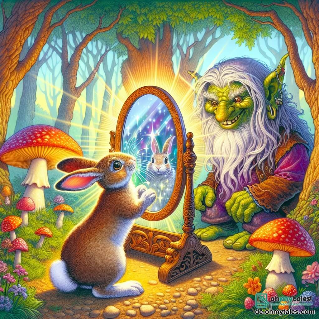 Ein kleiner Hase mit großen Ohren, weichem und seidigem Fell und funkelnden Augen steht vor einem magischen Spiegel. Er wirkt entschlossen und neugierig, seine Vorderpfoten auf dem Boden, bereit, die Geheimnisse hinter der glänzenden Oberfläche zu entdecken. Neben ihm beobachtet ein alter Troll mit grünlicher Haut, zerzaustem Haar und einem schelmischen Lächeln die Szene mit einer Mischung aus Staunen und Belustigung, während er sich am Kopf kratzt und sich fragt, was der Hase tun wird. Die Szenerie ist eine verzauberte Lichtung, umgeben von Bäumen mit verdrehten Stämmen und bunten Blättern, wo riesige, leuchtend bunte Pilze um den funkelnden Spiegel wachsen, der von Sonnenstrahlen beleuchtet wird, die durch das Laub filtern. Der Hase bereitet sich darauf vor, dem magischen Spiegel gegenüberzutreten, der seltsame und lustige Bilder reflektiert, während der neugierige Troll sich nach vorne lehnt, gespannt darauf, was passieren wird.