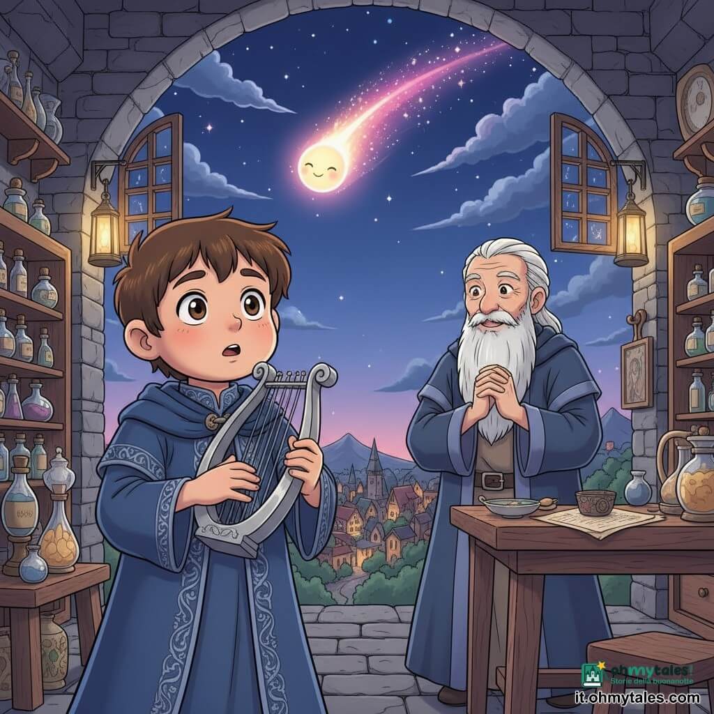 Un giovane ragazzo stregone di nome Leo, volto rotondo e occhi brillanti, espressione meravigliata e concentrata, veste una lunga tunica blu notte ricamata d'argento e suona dolcemente una piccola arpa d'argento; un vecchio stregone, Alaric, circa 70 anni con lunga barba bianca e sguardo benevolo, sta in disparte vicino a un banco di legno, mani giunte, sorridendo e osservando Leo; la cometa Stella è nel cielo come un corpo luminoso con una scia scintillante rosa e oro e un dolce volto sorridente che si inclina verso Leo come se ascoltasse la musica; l'officina di alchimia è una stanza di pietra con finestre aperte sulla notte, scaffali di fiale colorate, lanterne sospese e un tavolo di legno con pergameni e oggetti magici, luce calda mista al bagliore freddo delle stelle; la scena al crepuscolo sulla collina sopra il villaggio mostra Leo che suona sotto un cielo stellato mentre la cometa rallenta e inonda tutto di una tenue luce magica che illumina i volti, in uno stile manga chiaro e caldo, colori ricchi e contrastati, texture dettagliate e atmosfera tenera e meravigliosa.