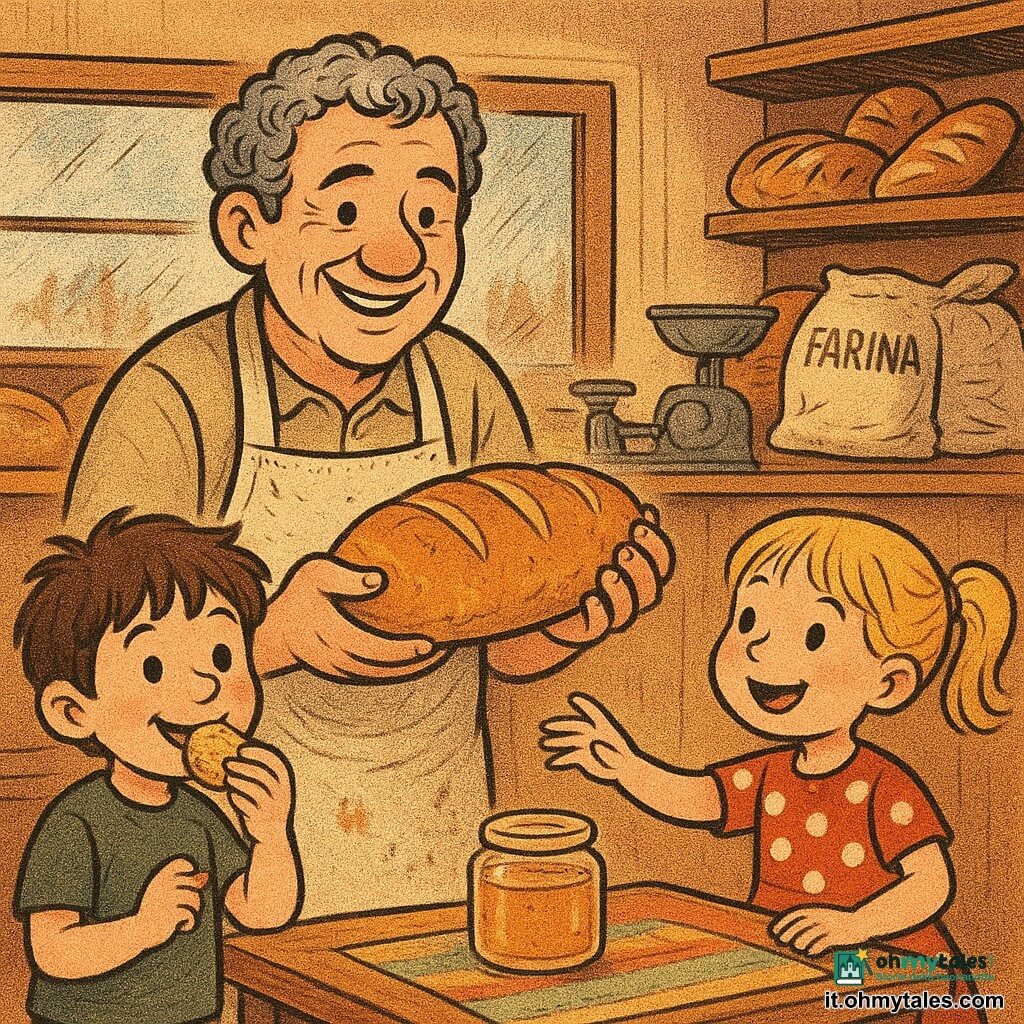 Un uomo — il panettiere Marco — sorridente e caloroso, capelli grigi ricci, grembiule di tela beige macchiato di farina, tiene una grande pagnotta dorata come un tesoro; un ragazzo di circa 7 anni, capelli castani scompigliati e occhi brillanti, mangia felice un pezzetto di pane caldo a sinistra del bancone; una bambina di circa 5 anni, con due codine bionde e vestito rosso a pois, tende la mano verso un vasetto di miele su un tavolo colorato a destra; sul bancone una vecchia bilancia in metallo e sacchi di farina con etichette scritte a mano, pareti in legno chiaro, scaffali pieni di pani dorati e luce calda che filtra da una vetrina appannata; scena in una piccola panetteria accogliente, il panettiere offre una degustazione ai bambini, atmosfera gioiosa, briciole e un lieve vapore che sale dalle pagnotte fresche.