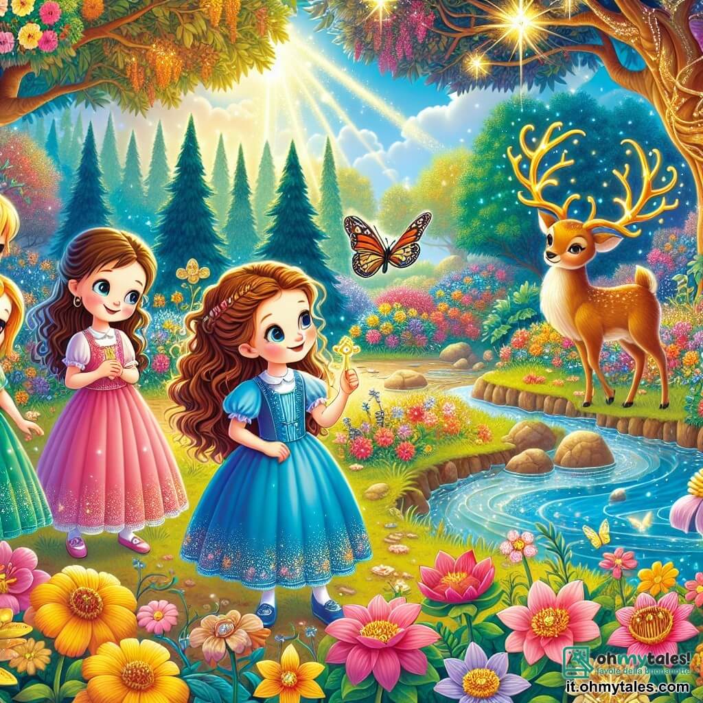 Quattro amiche, tutte ragazze di circa 8 anni, si trovano al centro di un giardino incantato. Anna, con i capelli ricci castani e un vestito rosa, sorride tenendo una piccola chiave d'oro scintillante. Alla sua destra, Elisa, con i capelli biondi e lisci, indossa un vestito blu e osserva una farfalla colorata che vola intorno a loro. A sinistra, Marta, con i capelli castani e una treccia, guarda con meraviglia un cervo dalle corna dorate che si erge maestoso vicino a un albero. Infine, Sofia, con i capelli rossi e un vestito verde, si avvicina a un ruscello d'acqua cristallina, affascinata dai riflessi dei fiori brillanti che la circondano. Il giardino è un luogo magico, pieno di fiori dai colori vivaci, grandi alberi dai tronchi dorati e un cielo blu punteggiato di nuvole soffici. I raggi di sole filtrano tra le foglie, creando ombre danzanti sul terreno. Le quattro amiche hanno appena scoperto una porta segreta in un albero, che hanno appena aperto con la chiave d'oro, rivelando questo mondo fatato dove si preparano a vivere un'avventura indimenticabile.