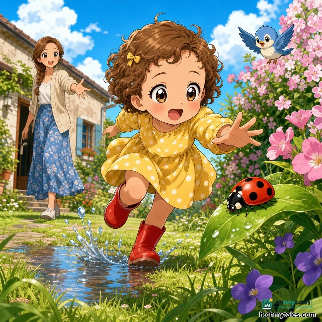 Bambina di 2 anni gioiosa e meravigliata, capelli castani ricci, vestito giallo a pois bianchi e stivaletti rossi, che corre tendendo la mano verso una coccinella rossa a punti neri su una foglia verde lucida in primo piano; una piccola rondine/blu tonda canta in volo sopra un cespuglio fiorito alla destra; la mamma di circa 30 anni, sorriso dolce, capelli castani in treccia e cardigan beige, è leggermente indietro a sinistra con il braccio teso come per chiamare la bambina; giardino primaverile soleggiato con erba verde, fiori rosa e viola, una piccola pozzanghera riflettente con spruzzi e cielo azzurro con nuvolette; scena centrale: la bambina segue la coccinella saltellando vicino alla pozzanghera, espressioni esagerate, colori saturi, composizione centrata, atmosfera tenera e di scoperta.