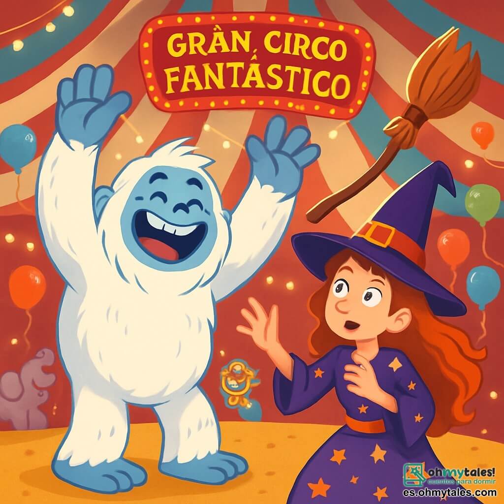 Un yeti adorable y peludo, con una gran sonrisa y ojos chispeantes de alegría, se encuentra en el centro de la escena. Tiene un pelaje blanco y suave, brazos anchos y pies enormes, y se ríe a carcajadas, con los brazos levantados hacia el cielo. A su lado, una bruja torpe, Babette, de unos 30 años, con largos cabellos rizados y un sombrero puntiagudo, intenta atrapar su escoba traviesa que vuela a su alrededor. Lleva un vestido colorido adornado con estrellas brillantes y parece a la vez divertida y un poco frustrada. El decorado se sitúa en el Gran Circo Fantástico, una gran carpa a rayas rojas y blancas, llena de luces brillantes y globos coloridos. Al fondo, elefantes voladores y payasos risueños añaden un ambiente festivo. La situación principal muestra a Yulo, el yeti, ayudando a Babette a atrapar su escoba mientras ríen, creando una atmósfera alegre y mágica.
