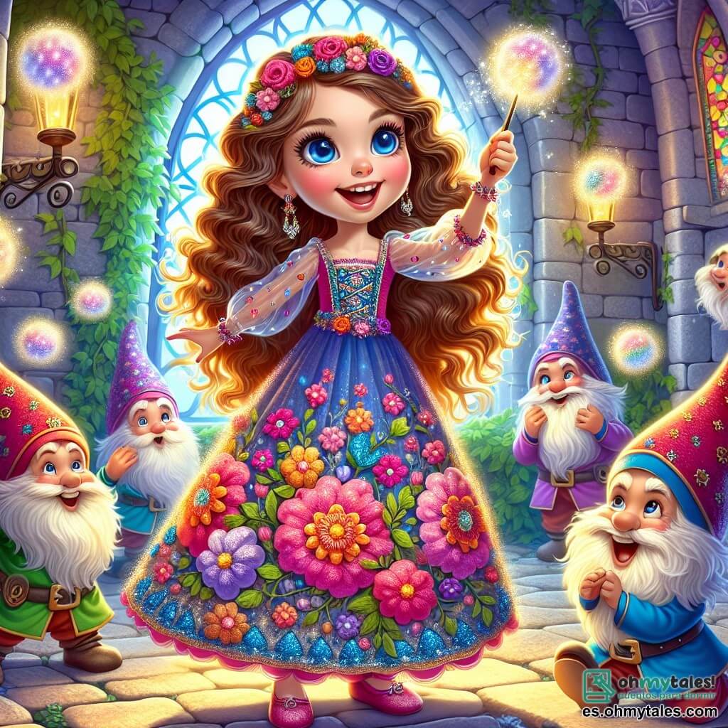 Una niña de 12 años, Lila, con largos cabellos rizados y ojos llenos de curiosidad, se encuentra en el centro de la escena, sonriendo y llena de energía. Lleva un vestido colorido adornado con flores y sostiene una varita mágica brillante en su mano. A su lado, un grupo de gnomos traviesos, todos de unos 10 años, con gorros puntiagudos y barbas espesas, ríen y se divierten, lanzando nubes de algodón sobre sus cabezas. El decorado es un castillo encantado, con paredes de piedra cubiertas de hiedra, ventanas de vitrales coloridos y muebles flotantes que añaden un toque de magia. La luz suave filtra a través de las ventanas, creando un ambiente cálido y alegre. La escena principal muestra a Lila lanzando un hechizo para dispersar una bruma mágica, mientras los gnomos, al fondo, se divierten haciendo burbujas de algodón que flotan en el aire, llenando la habitación de risas y colores vibrantes.
