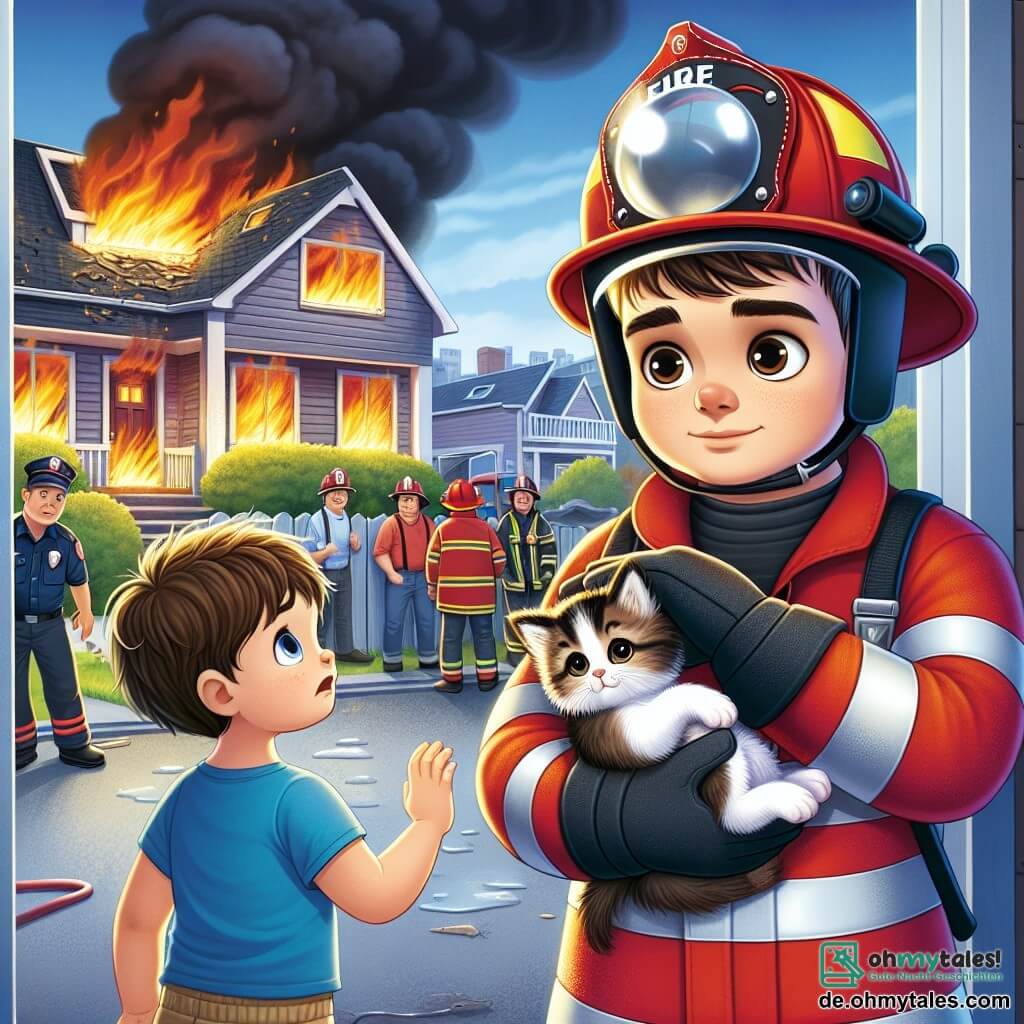Max, ein mutiger Feuerwehrmann, trägt eine leuchtend rote Uniform und einen großen, glänzenden Helm. Sein Gesicht drückt Entschlossenheit und Mut aus, während er eine kleine Katze in seinen Armen hält und sie aus einem brennenden Gebäude rettet. Neben ihm steht ein etwa 8-jähriger Junge mit zerzausten braunen Haaren und runden, besorgten Augen, der Max bewundernd ansieht. Er trägt ein blaues T-Shirt und Shorts und steht nervös in der Tür des Gebäudes, während er auf die Rückkehr seiner geliebten Katze wartet. Die Szene spielt in einem Wohnviertel, mit einem brennenden Haus im Hintergrund und schwarzen Rauchwolken, die in den blauen Himmel aufsteigen. Neugierige Nachbarn stehen in der Ferne und beobachten die Szene mit erleichterten und hoffnungsvollen Gesichtern. Die Hauptsituation zeigt Max, den Feuerwehrmann, der die kleine Katze aus dem Feuer rettet, während der Junge erleichtert auf die Rückkehr seines geliebten Haustiers wartet.