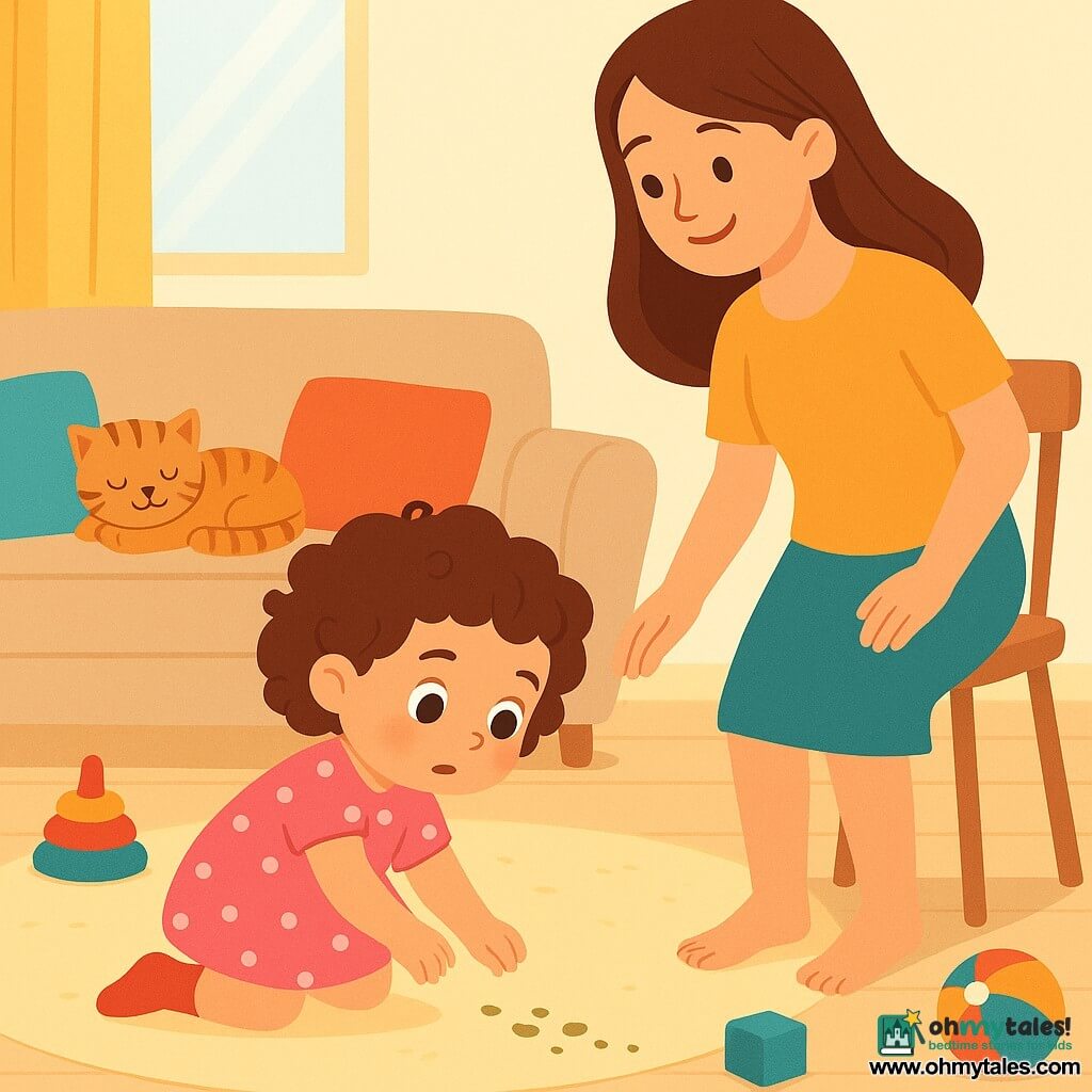 A 2-year-old girl named Mia, with curly hair and sparkling eyes, is kneeling on a soft rug, looking curious and determined. She is wearing a pink polka dot dress and a red sock on one foot, while the other foot is bare. Next to her, her mother, a smiling woman in her 30s with long brown hair, encourages her with a kind look, standing near a wooden chair. The setting is a bright living room, with a plush sofa, toys scattered on the floor, and sunlight streaming through a window. Colorful cushions are spread across the sofa, and a tabby cat is lounging on one of the cushions. Mia is carefully examining the floor, following a small trail of fluff, searching for her lost red sock, full of enthusiasm and concentration.