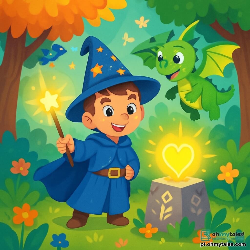 Um mago chamado Lian está no centro do palco, com uma capa azul brilhante e um chapéu pontudo decorado com estrelas douradas. Seu rosto expressa determinação e alegria, com olhos brilhantes e um largo sorriso. Ele segura um bastão mágico que emite uma suave luz dourada. Ao seu lado, um pequeno dragão verde chamado Nilo, com escamas cintilantes e grandes asas, voa alegremente ao redor de Lian, demonstrando entusiasmo. Nilo parece amigável e curioso, com grandes olhos redondos. A cena ocorre em uma clareira encantada, cercada por árvores majestosas com folhas coloridas, onde flores luminosas crescem no chão. No centro, uma pedra antiga adornada com runas brilhantes repousa sob um raio de sol, iluminando o Coração de Luz que brilha intensamente. Lian e Nilo acabaram de descobrir o Coração de Luz, um artefato mágico que brilha intensamente, e estão prontos para pegá-lo para proteger seu reino. A atmosfera está cheia de magia e deslumbramento, com fadas dançando ao fundo e pássaros cantando alegremente.