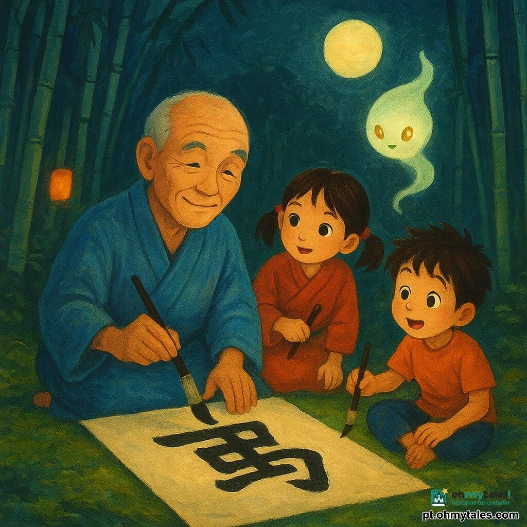 Um homem de cerca de 60 anos, rosto suave e enrugado, sorrindo e calmo, veste um quimono azul desbotado; ajoelhado, traça lentamente um grande kanji preto com um pincel sobre uma larga folha de bambu, mãos cuidadosas. Uma menina de cerca de 8 anos, cabelos em rabo de dois, olhos curiosos, observa por cima do ombro dele segurando um mini-pincel, à sua direita. Um menino de cerca de 10 anos, cabelo bagunçado e expressão maravilhada, imita o gesto do pincel num rolo de papel no chão, sentado em frente ao homem. Um pequeno espírito do bambu (Sora), forma luminosa translúcida perolada e verde-pálida, olhos como gotas de ouro, flutua acima da cena. O cenário é uma bambuzal noturna: colmos esguios, folhas tremulantes, chão coberto de musgo, névoa leve, lua cheia iluminando em claro-escuro; pequenas lanternas de papel flutuam ao redor. Cena principal: aula de caligrafia à luz da lua, gestos lentos, tinta preta sobre folha clara, atmosfera serena e mágica, expressões de admiração e calma.