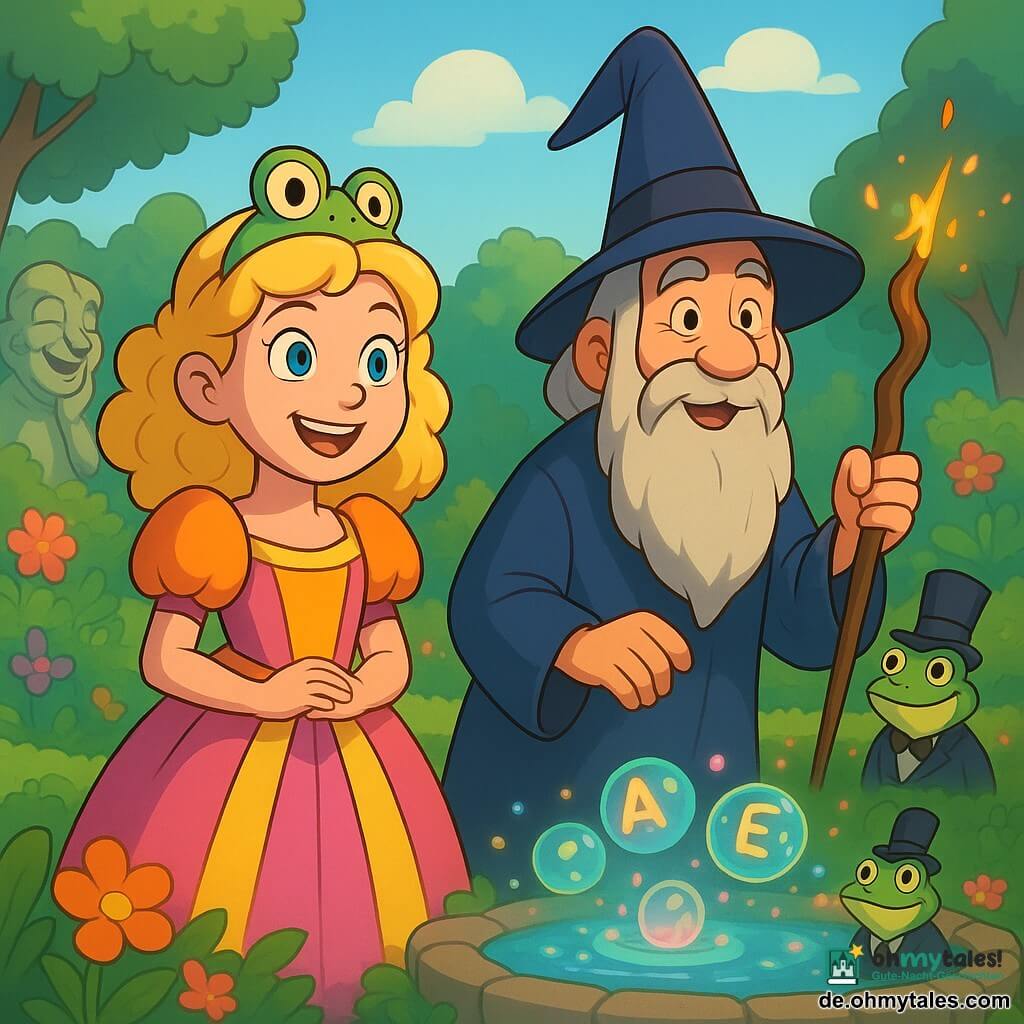Eine Prinzessin namens Kicherstern, mit einem vor Freude strahlenden Gesicht, trägt ein diademförmiges Frosch auf ihren lockigen blonden Haaren. Sie ist in ein schillerndes, farbenfrohes Kleid gekleidet und steht in einem verzauberten Garten. Neben ihr steht der alte Zauberer Zwirbelbart, ein etwa 70-jähriger Mann mit einem langen weißen Bart und einem spitzen Hut, der einen krummen Zauberstab schwingt. Er steht zu ihrer Rechten und lächelt verschmitzt. Im Hintergrund blubbert ein kleiner magischer Teich mit bunten Blasen, die Worte in Lichtblitze und Frösche in Herren mit Hüten verwandeln. Der Garten ist voller leuchtender Blumen und Statuen, die scheinbar lustige Geheimnisse flüstern. Die Hauptszene zeigt die Prinzessin und den Zauberer, die fasziniert die magischen Verwandlungen des Gartens beobachten.