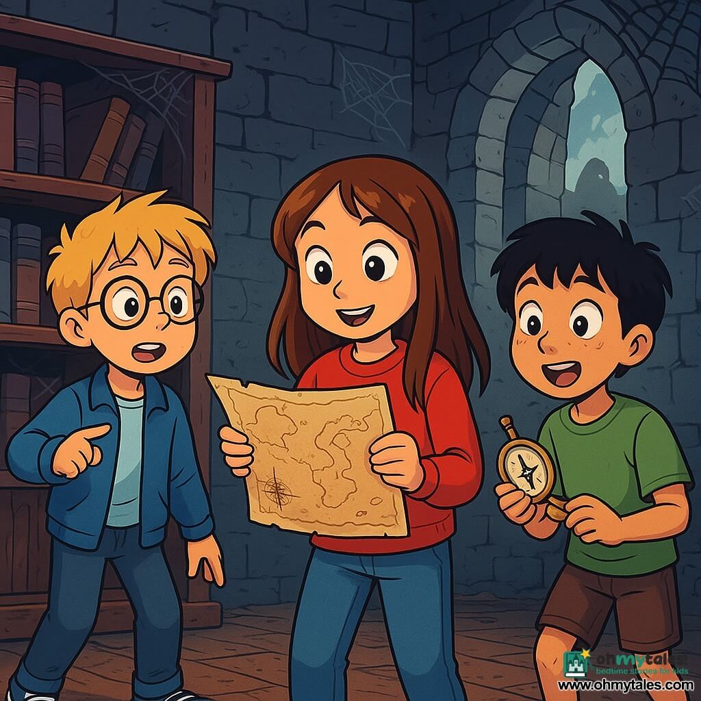 There are 3 characters: Lily, a 10-year-old girl with long brown hair and sparkling eyes, wearing a bright red sweater and jeans, standing in the center holding an old letter, her face lit up with curiosity. Thomas, a 10-year-old boy with messy blonde hair and round glasses, wearing a blue jacket and sneakers, stands to the left of Lily, pointing at a dusty old book on a shelf with an amazed expression. Max, a 10-year-old boy with black hair and freckles, wearing a green t-shirt and shorts, is to the right of Lily, holding an old compass with wide eyes of excitement. The main setting is an ancient, mysterious library inside a crumbling castle, with gray stone walls covered in cobwebs and heavy wooden shelves filled with dusty books. Light filters through broken windows, casting dancing shadows on the worn wooden floor. The main situation shows the three friends discovering a mysterious letter containing an ancient map, surrounded by forgotten books, looking both anxious and excited, ready to solve the mystery awaiting them in this dark and enchanting place.