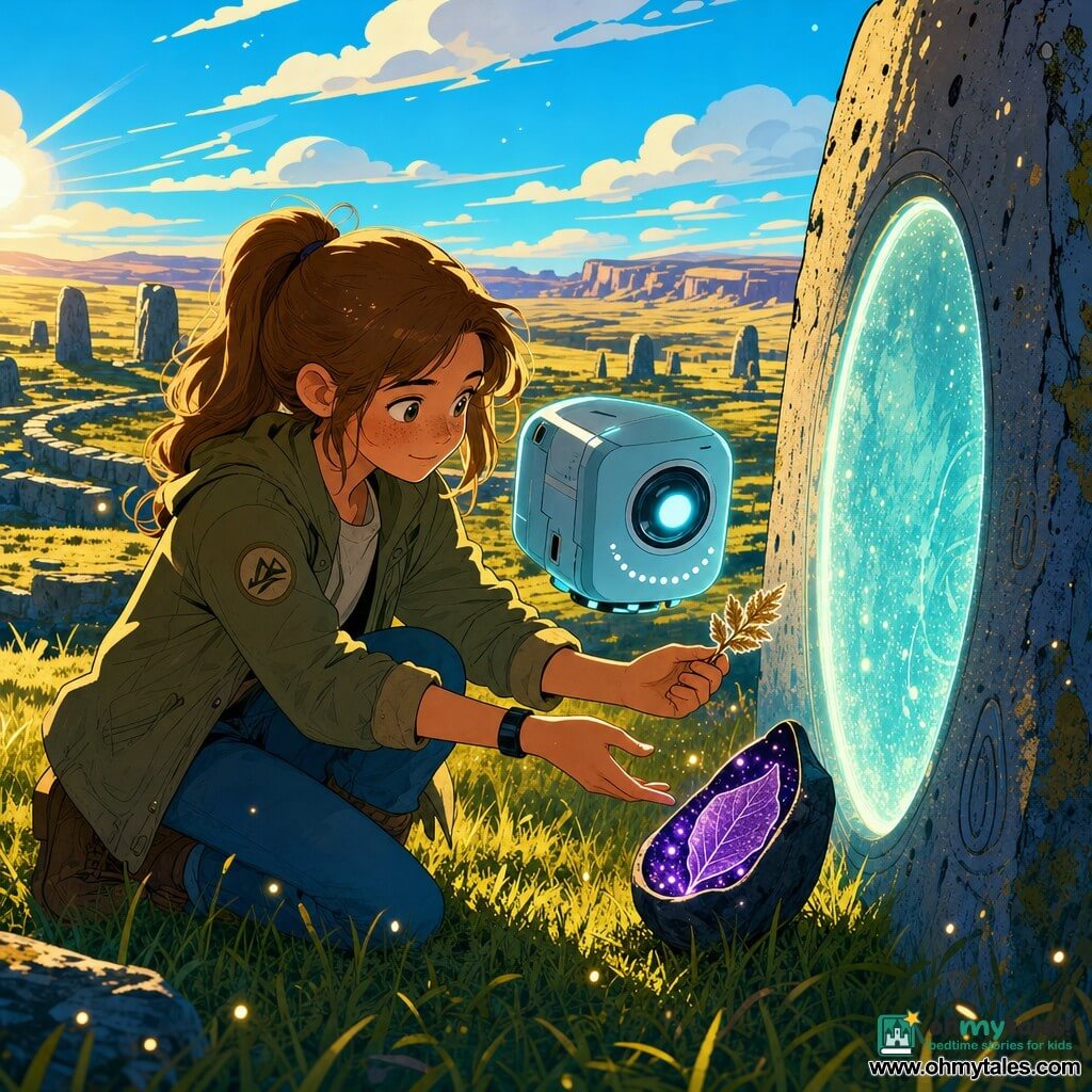 Mira, 12, round-faced with freckles and light brown hair in a ponytail, kneels in a simple khaki jacket and jeans, curiously offering a small dried herbarium leaf as a pale blue matte cube-shaped companion robot with a glowing lens "eye" named Sift hovers nearby; above the short yellow-green grass and a ring of flat stones a dark seedpod floats open to reveal a sparkling pressed purple leaf, an oval shimmering air-door glinting behind a stone and motes of luminous dust in the low sun forming a quiet, secret exchange.