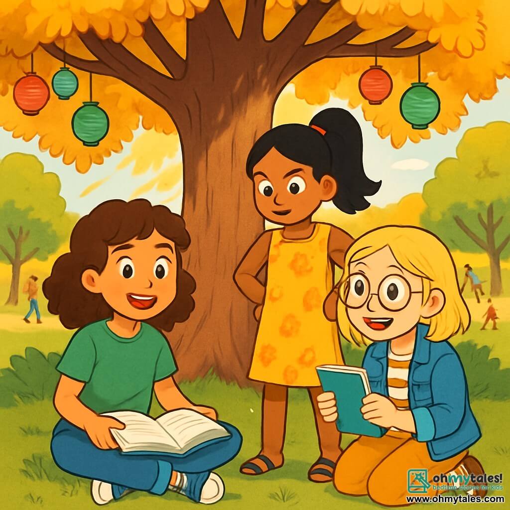 There are 3 characters: Mia, an 11-year-old girl with curly brown hair, wearing a green t-shirt and jeans, sitting on the grass with an open book on her lap and an excited smile; Leila, also 11, with black hair in a ponytail, wearing a yellow floral dress, standing next to Mia with hands on her hips and a determined look; and Zoe, an 11-year-old girl with blonde hair and round glasses, dressed in a denim jacket and striped t-shirt, crouching in front of the others with a small blue notebook, her eyes shining with enthusiasm. The scene takes place in a lush park filled with majestic trees with golden leaves, featuring a large oak in the center where sunlight filters through the branches, creating dancing shadows on the ground. Families are having fun in the background, and colorful lanterns hang from the branches, adding a festive touch. The main situation shows the three friends discovering an old memory notebook under the oak, their faces lit with curiosity and excitement, ready to share their dreams and hopes for the new school year.