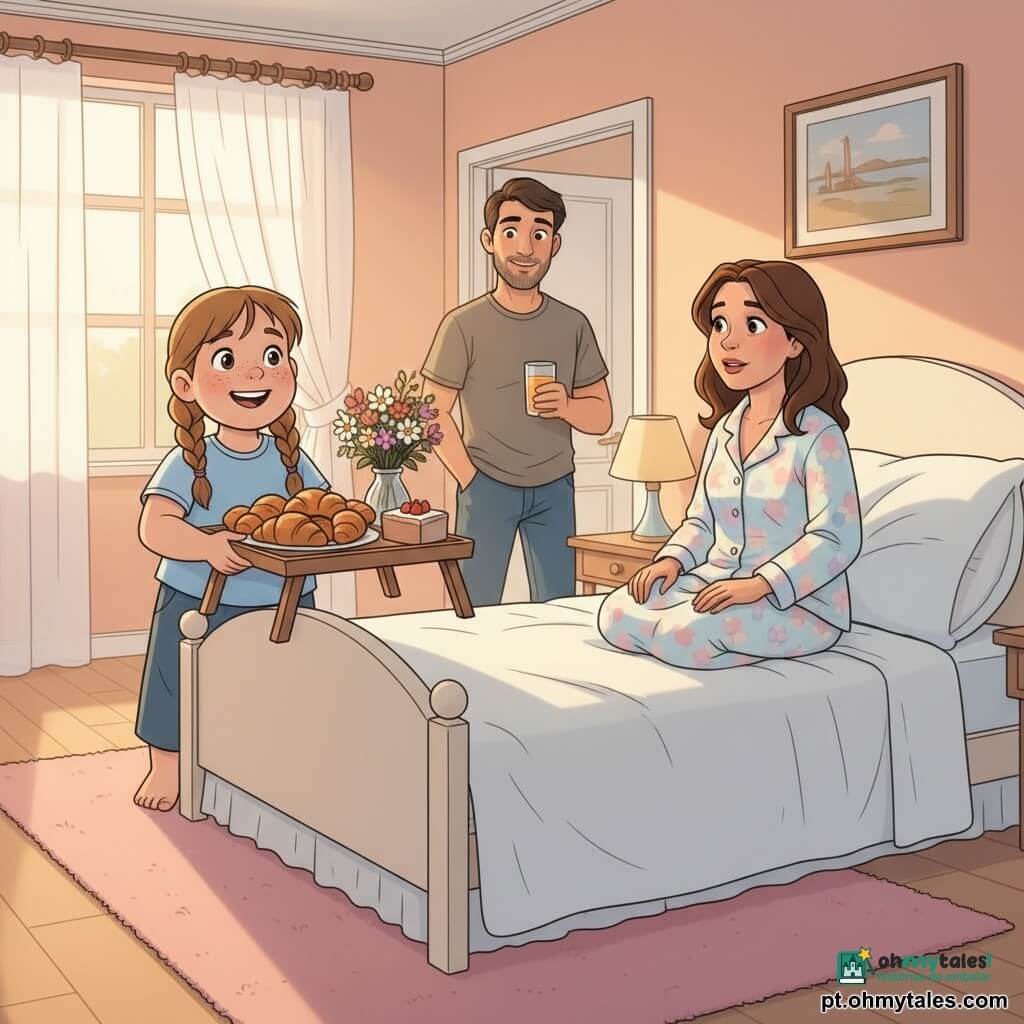 Menina de 10 anos, rosto redondo com sardas, cabelo castanho-claro em duas tranças, sorriso largo e olhos brilhantes, segurando uma grande bandeja de madeira com croissants dourados e uma caixinha de bolo, em pé junto à cama; mãe ~35 anos, cabelo castanho médio, pijama floral pastel, sentada numa grande cama branca com edredom fofo, emocionada e olhando para a filha; pai ~38 anos, barba rala, camiseta casual, segurando um copo de suco de laranja na porta do quarto e sorrindo ao fundo; quarto banhado por luz dourada da manhã, paredes pêssego, tapete rosa fofo, cortinas de tule brancas e pequena mesa com vaso de flores silvestres; cena calorosa e terna: a menina apresenta orgulhosamente o café da manhã com croissants, uma pequena tarte e um buquê, gestos cuidadosos e atmosfera luminosa.