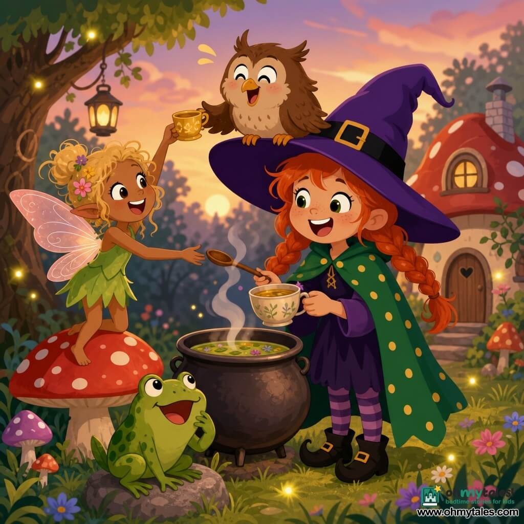 A joyful, mischievous young witch with a purple pointed hat, green cape dotted with yellow, braided red hair and a wide sparkling smile pours steaming herbal tea with a small wooden spoon beside a gently smoking round cauldron; Oliver the round, light-brown owl with big bright eyes perches on the right rim of her hat laughing with little hiccups; Pippa the small, glowing fairy-woman with tousled blond hair and pinkish translucent wings stands on a large red mushroom with white spots on the left, offering a golden teacup to the owl; Bumpy the green, spotted frog sits on a stone before the cauldron with a mischievous look; the scene is a cozy forest clearing at sunset with soft grass, colorful flowers, mushrooms, twinkling yellow fireflies and a mushroom house in the background, warm pastel palette—a snug, enchanted, funny moment after a failed potion as friends share tea, close composition and exaggerated joyful expressions.