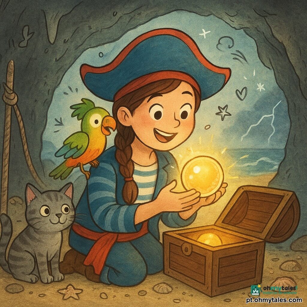 Marina, uma pirata sorridente com trança castanha, chapéu largo vermelho e azul e jaqueta listrada de lona, ajoelhada diante de um baú aberto e segurando uma grande Pérola Dourada brilhante que lança reflexos dourados quentes no seu rosto; Pipo, um papagaio macho colorido (verde, amarelo e vermelho) pousado no ombro direito, batendo asas e rindo olhando para a pérola; Miau, um gato marinheiro macho pequeno e cinza, sentado numa corda de mastro à esquerda com a pata no bordo do baú; caverna rochosa escura de paredes molhadas e pequenas estalactites, com abertura para uma praia dourada com ondas agitados e relâmpagos ao longe, chão arenoso molhado e conchas cintilantes ao redor do baú; cena principal: descoberta mágica da Pérola Dourada num baú escondido atrás de uma grande pedra, abrigo acolhedor contrastando com a tempestade exterior; cores quentes ao redor da pérola e tons azul‑cinzentos para a tempestade; estilo com traços suaves e arredondados, cores vivas e contrastantes, texturas de lona e madeira visíveis, luz focada na pérola e sobreposição de pequenos doodles (estrelas, ondas, corações) em torno das personagens.