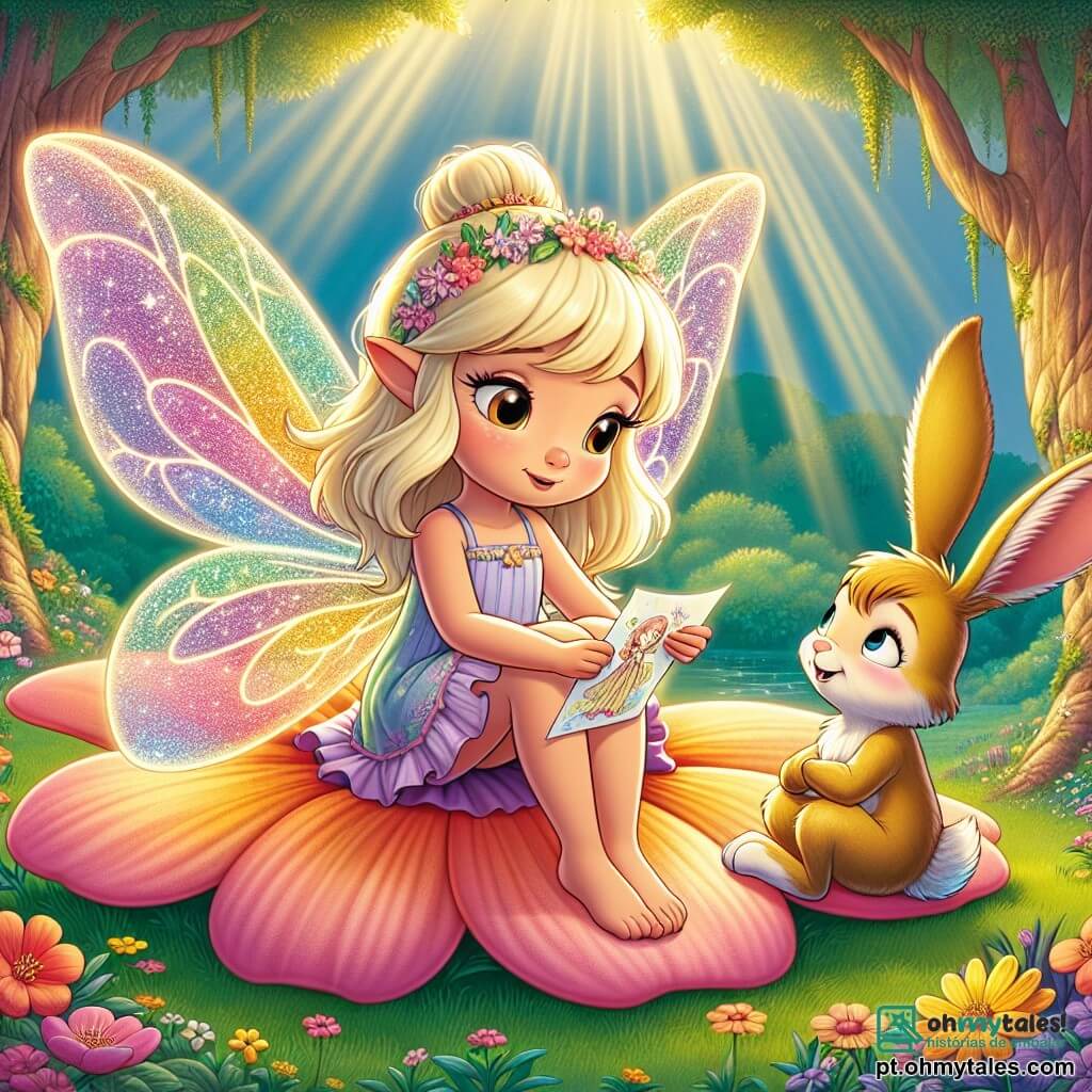 Lila, uma pequena fada com asas cintilantes e coloridas, está sentada em uma grande flor, seu rosto expressando uma doce melancolia. Seus cabelos dourados flutuam ao seu redor, e ela segura um desenho de sua família, com um sorriso tímido nos lábios. Ao seu lado, Bino, um coelhinho travesso com grandes orelhas e pelagem macia, a observa com olhos reconfortantes, exibindo um sorriso encorajador. Ele está sentado na grama verde, pronto para ouvi-la. O cenário é um magnífico bosque encantado, cheio de flores vibrantes, grandes árvores com troncos retorcidos e raios de sol filtrando pelas folhas, criando uma atmosfera acolhedora e mágica. A situação principal mostra Lila compartilhando seus sentimentos com Bino, enquanto eles se sentam juntos neste lugar pacífico, ilustrando um momento de apoio e amizade diante das mudanças da vida.