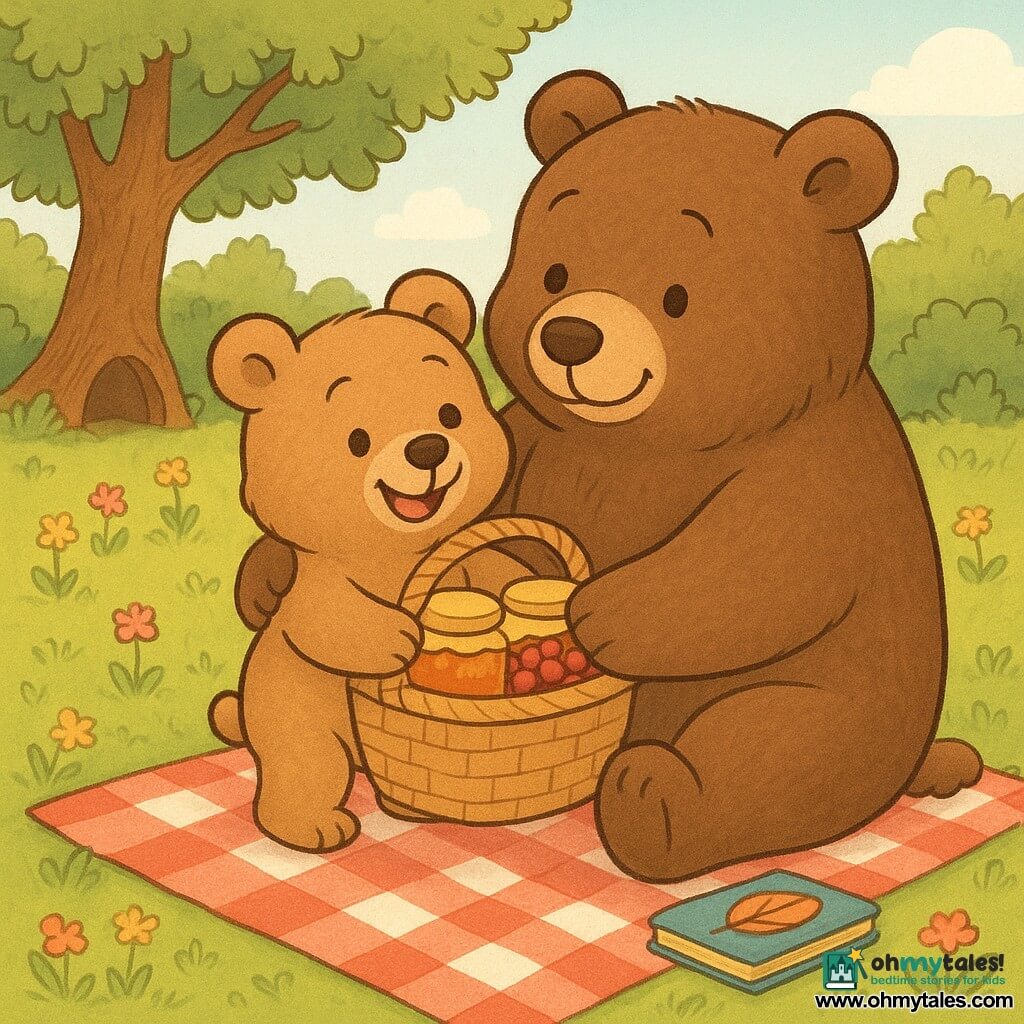 Benny, a small light-brown teddy bear looking joyful and proud with shiny round eyes and a big smile, holds a wicker picnic basket filled with honey jars and red berries; Papa Bear, a large dark-brown soft-furred bear, looks tender and moved, hugging Benny and smiling at the basket while slightly leaning toward him; the sunny forest clearing background shows green grass, colorful wildflowers, a big oak and a small wooden den, and the scene is a surprise Father's Day picnic with warm sunlight, a red-and-white checkered cloth, shiny honey jars and a small colorful kit with a feather and heart-shaped leaf nearby; style: soft colors, rounded outlines, visible fur textures, very readable expressions and composition centered on the father-son embrace.