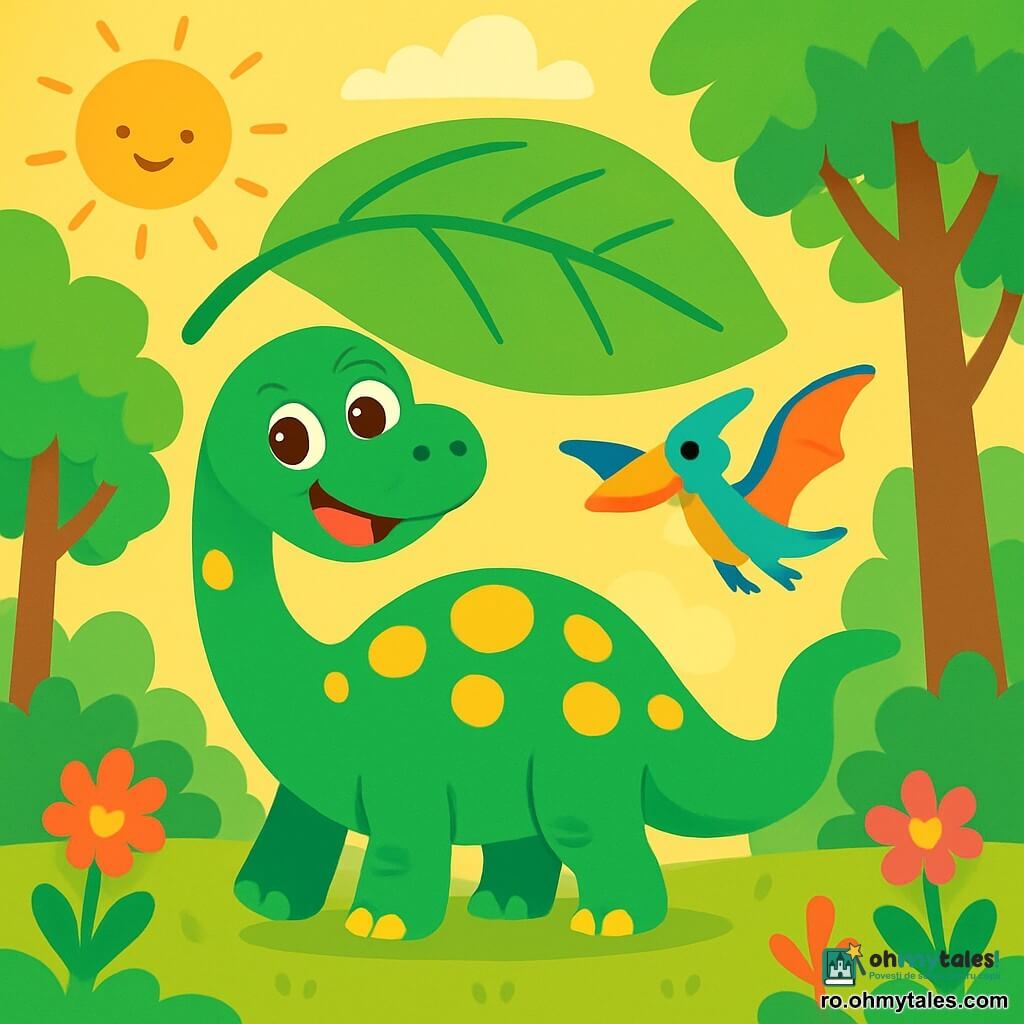 Un diplodocus numit Didi, cu o piele verde strălucitoare și pete mari galbene, stă vesel sub o frunză imensă, cu coada lungă ondulându-se în spate. Didi are ochi mari și strălucitori, plini de curiozitate, și zâmbește larg, pregătit să descopere ceva nou. Alături de el, un pterodactil mic, cu aripi colorate în nuanțe de albastru și portocaliu, zboară vesel, făcând cercuri în jurul lui. Pădurea din jur este plină de copaci înalți, cu frunze verzi și flori colorate, iar razele soarelui străbat printre crengile lor. Didi se pregătește să pornească într-o aventură, plin de entuziasm, în căutarea unei comori ascunse în pădure.