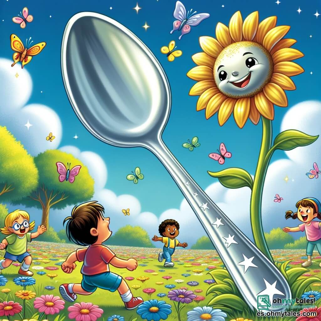 Ilustración que representa una pequeña cuchara animada, con un cuerpo plateado brillante y estrellas grabadas en su espalda, expresando gran curiosidad y asombro. Se encuentra al borde de un jardín colorido, rodeada de flores brillantes y mariposas danzantes, lista para explorar el mundo que la rodea. Cerca, un gran girasol, con pétalos dorados y una cara sonriente, observa a la cuchara con benevolencia, emitiendo una aura de sabiduría y calidez. Se inclina ligeramente hacia ella, como si le ofreciera consejos. Un grupo de tres niños, dos chicos y una chica, juega alegremente en el jardín. El chico de cabello castaño, con una sonrisa radiante, corre tras una mariposa. La chica de cabello rubio, riendo a carcajadas, sostiene un juguete en forma de nube. El segundo chico, con gafas y una expresión concentrada, intenta capturar una imagen de la cuchara con su cámara de juguete. El lugar principal es un jardín encantador, lleno de flores multicolores, grandes árboles verdes y un cielo azul salpicado de nubes esponjosas. Los rayos del sol filtran a través de las hojas, creando patrones de luz danzantes en el suelo. La situación principal de la historia muestra a la pequeña cuchara, llena de esperanza y sueños, lista para descubrir su propósito en este mundo mágico, rodeada de amigos que la animan a explorar y divertirse. Otros elementos gráficos incluyen mariposas coloridas volando alrededor, rayos de sol iluminando la escena y un camino de piedras que serpentea a través del jardín, simbolizando el viaje y la aventura.