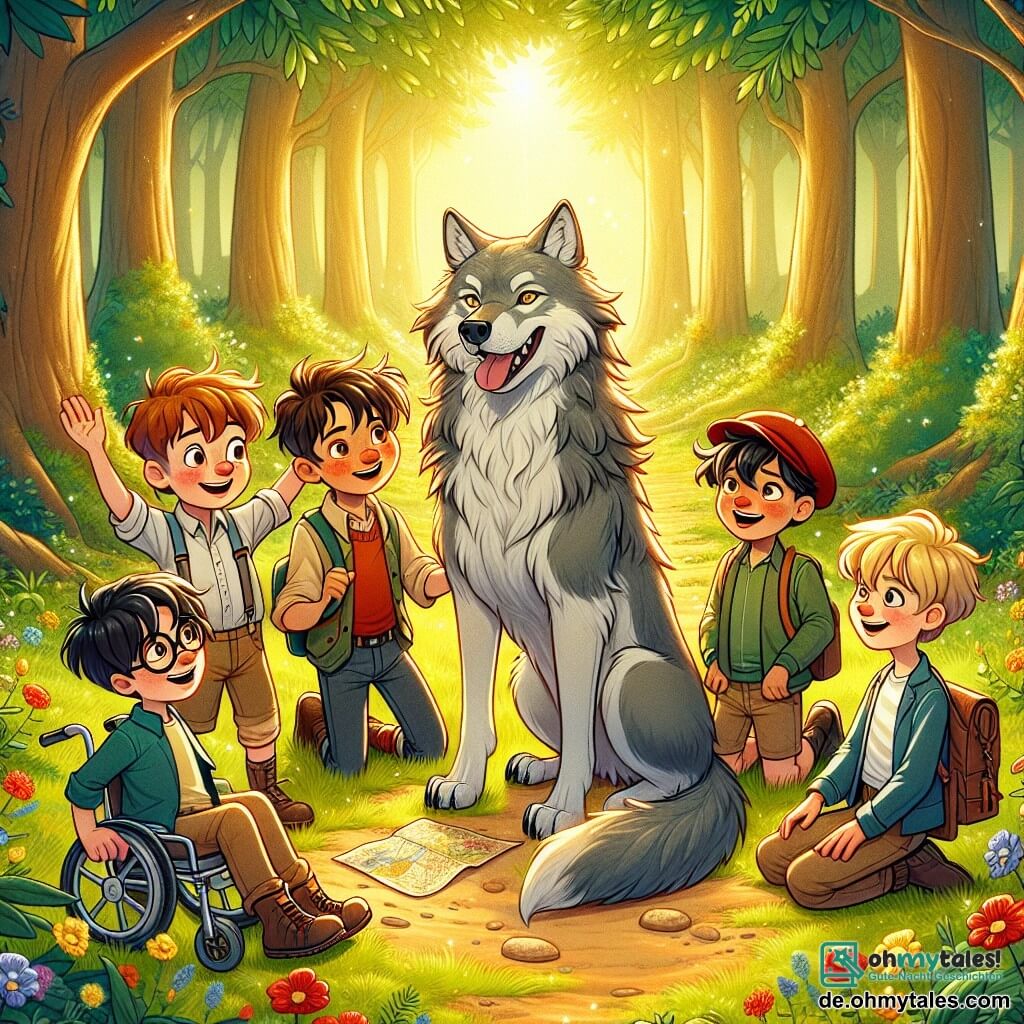 In einer verzauberten Lichtung stehen fünf Jungen im Kreis um einen majestätischen grauen Wolf. Lukas, 10 Jahre alt mit zerzausten braunen Haaren und funkelnden Augen, steht vorne mit offenen Armen und einem mutigen Lächeln. Max, 9 Jahre alt mit blonden Haaren und runden Brillen, steht etwas im Hintergrund und hält eine Karte in den Händen, neugierig und aufmerksam. Tom, 11 Jahre alt mit schwarzen Haaren und einer roten Mütze, steht rechts von Lukas mit verschränkten Armen und einem entschlossenen Gesichtsausdruck. Ben, 10 Jahre alt mit kastanienbraunen Haaren und Sommersprossen, steht links von Max und beobachtet den Wolf mit staunenden Augen. Jonas, 12 Jahre alt im Rollstuhl, sitzt hinter der Gruppe und lächelt den Wolf freundlich an. Die Lichtung ist von hohen Bäumen mit leuchtend grünen Blättern umgeben und wird vom goldenen Licht der untergehenden Sonne beleuchtet. Bunte Blumen schmücken den Boden und verleihen der Atmosphäre einen Hauch von Magie. In der Mitte sitzt der große Wolf mit seinem grauen Fell und leuchtenden Augen ruhig da und scheint den Jungen zuzuhören. Die Luft ist von einer sanften Spannung erfüllt, während die Kinder bereit sind, das Geheimnis des Wolfs zu entdecken – ein Moment der Begegnung zwischen Freundschaft und Natur.