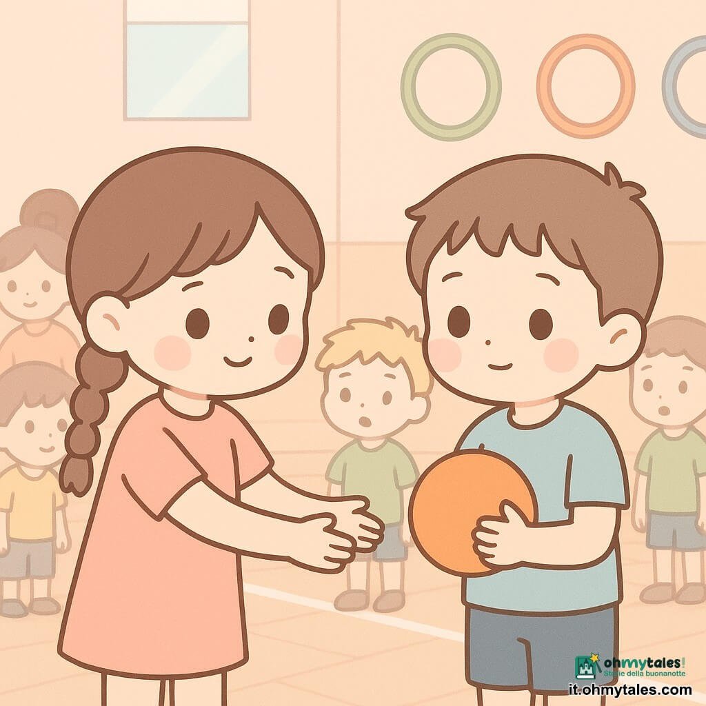 Un bambino di 8 anni dal viso rotondo, capelli castani corti, occhi grandi e brillanti, espressione timida ma sollevata, tiene un piccolo pallone arancione sul petto; a destra Sara, 8 anni, capelli castani in tre trecce e sorriso dolce, porge il pallone; dietro, a qualche passo, Luca, 8 anni, capelli biondi corti, sguardo sorpreso e imbarazzato, spalle leggermente abbassate; sullo sfondo una maestra di circa 30 anni con i capelli raccolti in uno chignon, accovacciata e protettiva vicino a un gruppo di bambini; scena in una piccola palestra scolastica con pavimento in legno chiaro, pareti pastello, cerchi colorati appesi, linee bianche a terra e una finestra con luce morbida; momento dopo un gioco, atmosfera di sostegno e cambiamento, toni pastello e contrasti delicati, composizione centrata sulle mani che si passano il pallone.