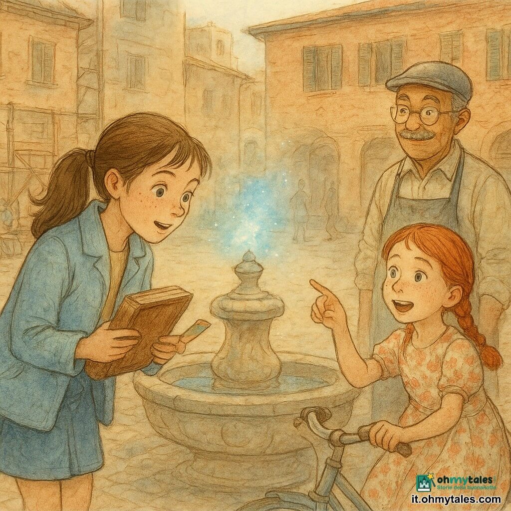 Ragazza di 10 anni, Lucia: espressione di meraviglia e concentrazione, capelli castani raccolti in coda, lentiggini, giacca azzurro chiaro e gonna in jeans, tiene un vecchio libro di cuoio e un segnalibro colorato, chinata sulla fontana; ragazza di ~9 anni, Sofia: sguardo felice e un po' nervoso, trecce rosse, vestito floreale vintage, in bicicletta vicino al bordo della fontana, indica una debole luce blu nell'aria; uomo di ~60 anni, il signor Vittorio: baffi, sorriso benevolo, grembiule da fotografo macchiato d'inchiostro, vecchia macchina fotografica a soffietto al collo, osserva la scena dalla piazza; luogo: piccola piazza lastricata italiana con fontana di pietra antica e vasca scolpita, impalcature e attrezzi sullo sfondo, edifici in mattoni rossi con persiane di legno, luce soffusa del tardo pomeriggio e piccole lucciole di polvere luminosa intorno alla fontana; situazione: momento magico in cui una luce blu fluttua sopra la fontana e piega visivamente il tempo — acqua e scenografia si fondono tra due epoche, sagome del passato lievemente trasparenti dietro i personaggi, atmosfera calma e piena di stupore.
