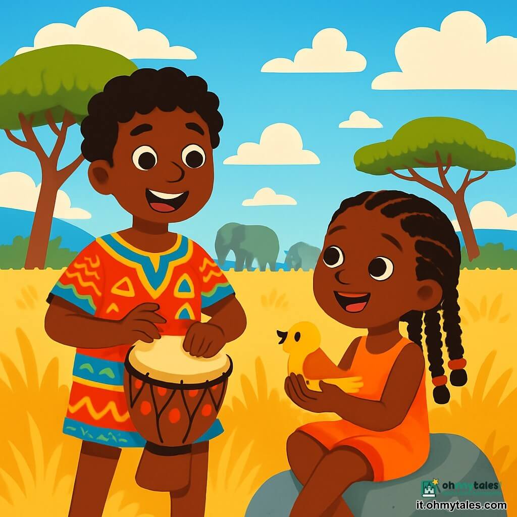 Un uomo di nome Sango, sorridente e curioso, si trova al centro della savana africana. Ha la pelle di un marrone caldo, capelli ricci e indossa una tunica colorata decorata con motivi tradizionali. Sango suona gioiosamente il suo piccolo tamburo, con gli occhi brillanti di gioia e meraviglia. Vicino a lui, una ragazza di dieci anni, di nome Amani, con trecce decorate di perline, lo osserva con fascinazione. È seduta su una roccia, le gambe incrociate, e tiene un piccolo uccello tra le mani, meravigliata dalla musica di Sango. Il paesaggio è vasto e luminoso, con erbe dorate che ondeggiano al vento, acacie maestose che proiettano ombre dolci, e un cielo blu brillante punteggiato di nuvole bianche. In lontananza, elefanti pascolano pacificamente, aggiungendo un tocco di magia alla scena. La situazione principale mostra Sango che suona il tamburo, chiamando gli spiriti della natura, mentre Amani, catturata, ascolta attentamente, pronta a scoprire i segreti della savana.