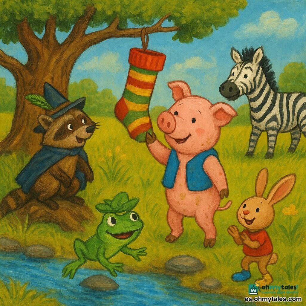 Pipo el cerdito, prudente y sonriente, rosa con manchas de barro y un chaleco azul, estira la pata para coger un gran calcetín a rayas colgado de una rama baja de un roble; Rulo el mapache, con capa y un sombrero con pluma, lo observa maravillado desde una raíz; Celi la cebra, al fondo a la derecha, ríe suavemente; Rita la rana verde, con un sombrero de hojas, salta sobre una piedra junto a un arroyo; Bruno el conejo, de orejas largas y zapatos distintos, aplaude dando saltitos detrás de Pipo; escena en una pradera soleada con hierba alta, flores amarillas, piedras y un arroyo brillante, ambiente alegre y colores vivos, estilo de pintura acrílica.