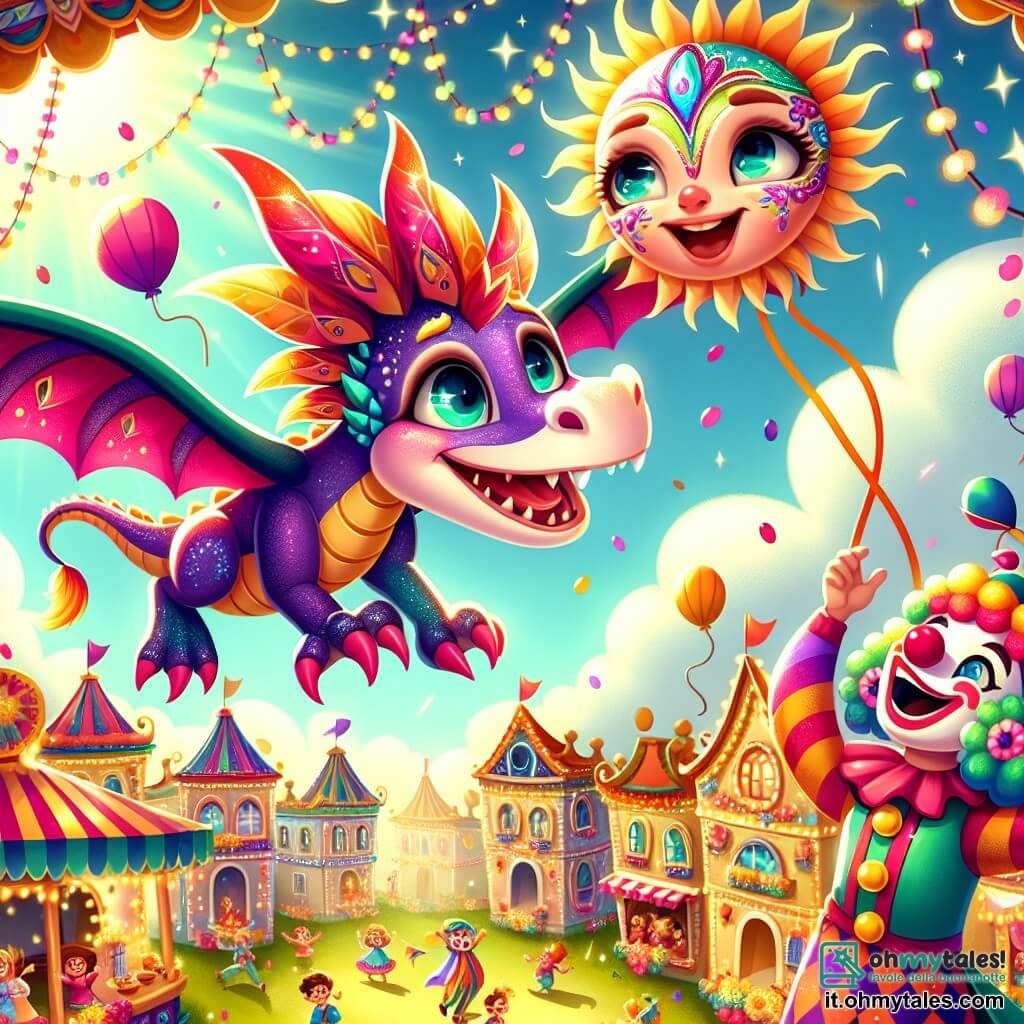 Un giovane drago dalle squame scintillanti e dai colori vivaci, con occhi pieni di curiosità e un ampio sorriso, si libra in aria, tenendo una bellissima maschera decorata con piume e specchi. Sembra meravigliato dai colori vivaci che lo circondano. Accanto a lui, un personaggio leggendario del carnevale, un clown gioioso dai capelli multicolori e dal viso dipinto di sorrisi, balla con entusiasmo, con le braccia aperte e lo sguardo scintillante di gioia. Si trova proprio sotto il drago, alzando le braccia verso di lui ridendo. Lo sfondo è una piazza animata del villaggio di Arcobaleno, adornata con ghirlande luminose, bancarelle colorate e personaggi festosi. Fiori giganti e palloncini fluttuano nell'aria, mentre i bambini ridono e danzano attorno a loro. La scena principale mostra il drago e il clown che celebrano insieme, circondati dalla magia del carnevale, creando un'atmosfera di gioia e meraviglia, dove amicizia e avventura si incontrano sotto un cielo soleggiato.