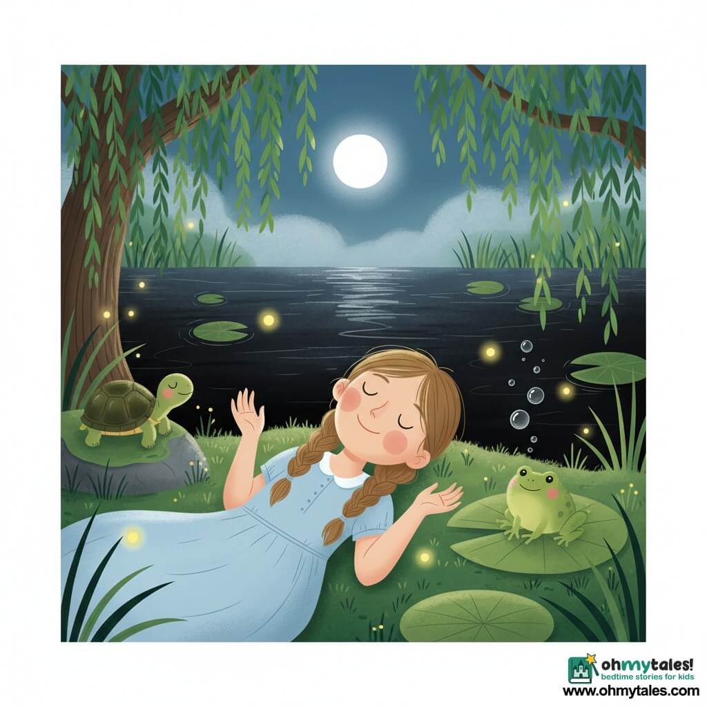 A serene, smiling 10-year-old girl with light brown hair in two braids, wearing a pale blue cotton dress, lies on a green moss rug with eyes half-closed and palms up; a small olive turtle with a shiny shell sits near her left shoulder on a mossy stone, and a round green frog floats on a lily pad to her right with silver bubbles nearby; the setting is a magical night swamp—dark shimmering water, round lily pads, low silver mist, tall grasses and a weeping willow curtain, the full moon reflected on the water and yellow fireflies around—she relaxes to sleep while the animals watch, creating a gentle, calm atmosphere.