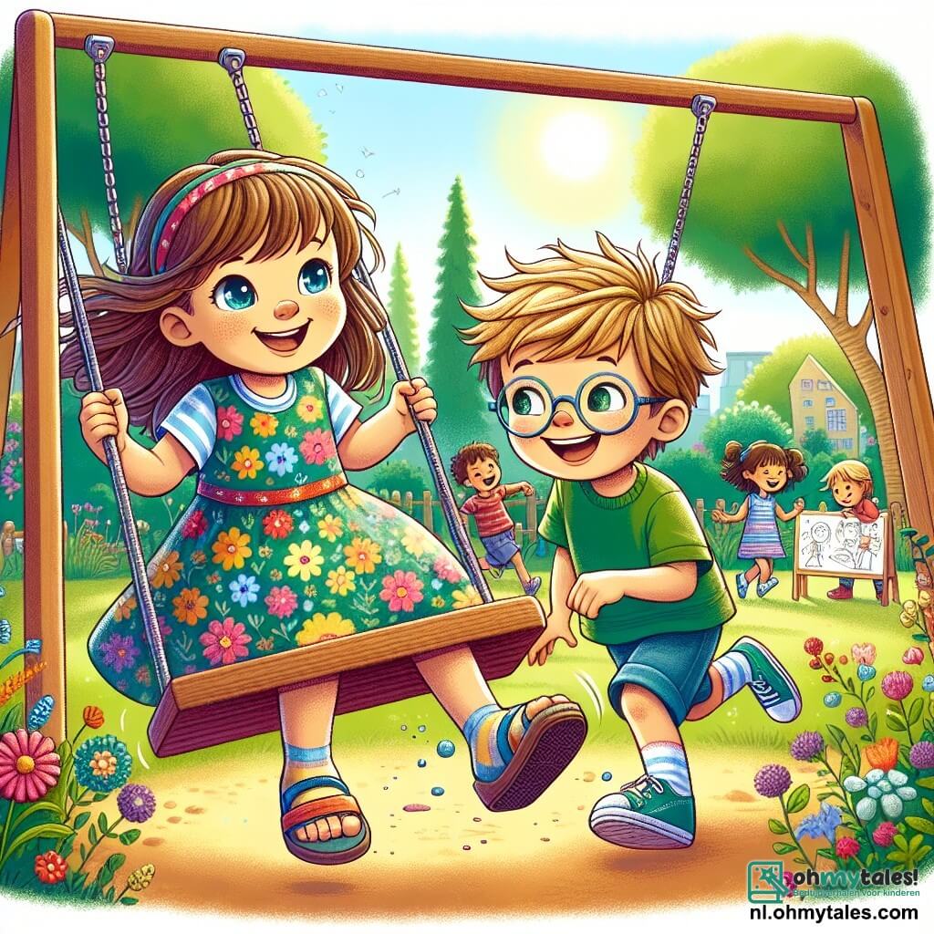 Een 8-jarig meisje, Lotte, met lang kastanjebruin haar en sprankelende blauwe ogen, glimlacht vrolijk terwijl ze speelt op een grote schommel in een zonnige schoolyard. Ze draagt een kleurrijke bloemenjurk en sandalen. Naast haar staat haar beste vriend Tom, een 8-jarige jongen met messy blond haar en een bril, die lacht terwijl hij de schommel duwt, gekleed in een groene t-shirt en blauwe korte broek. Op de achtergrond spelen kinderen samen, sommigen rennen, anderen tekenen op houten borden. De speelplaats is omringd door grote groene bomen en kleurrijke bloemen, wat een vrolijke en uitnodigende sfeer creëert. Lotte en Tom hebben plezier samen, genieten van hun tijd op school, vol opwinding en geluk.