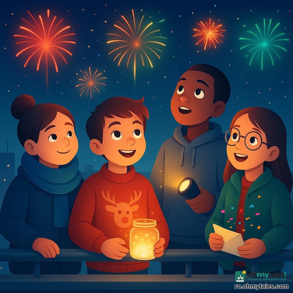 Patru prieteni pe terasa unui bloc noaptea: Luca (băiat, 12 ani) cu păr șaten scurt și pulover roșu ținând un borcan luminos, Mara (fată, 12 ani) cu păr prins și fular albastru, Radu (băiat, 13 ani) în hanorac gri cu lanternă aprinsă și borcan cu „zăpadă de buzunar”, Daria (fată, 12 ani) cu ochelari, geacă verde și confetti, grupați lângă parapet metalic privind focurile de artificii și numărând până la miezul nopții; confetti colorate și scântei zboară, luminile orașului și jarul din borcane le luminează fețele, atmosferă rece de iarnă cu respirații vizibile.