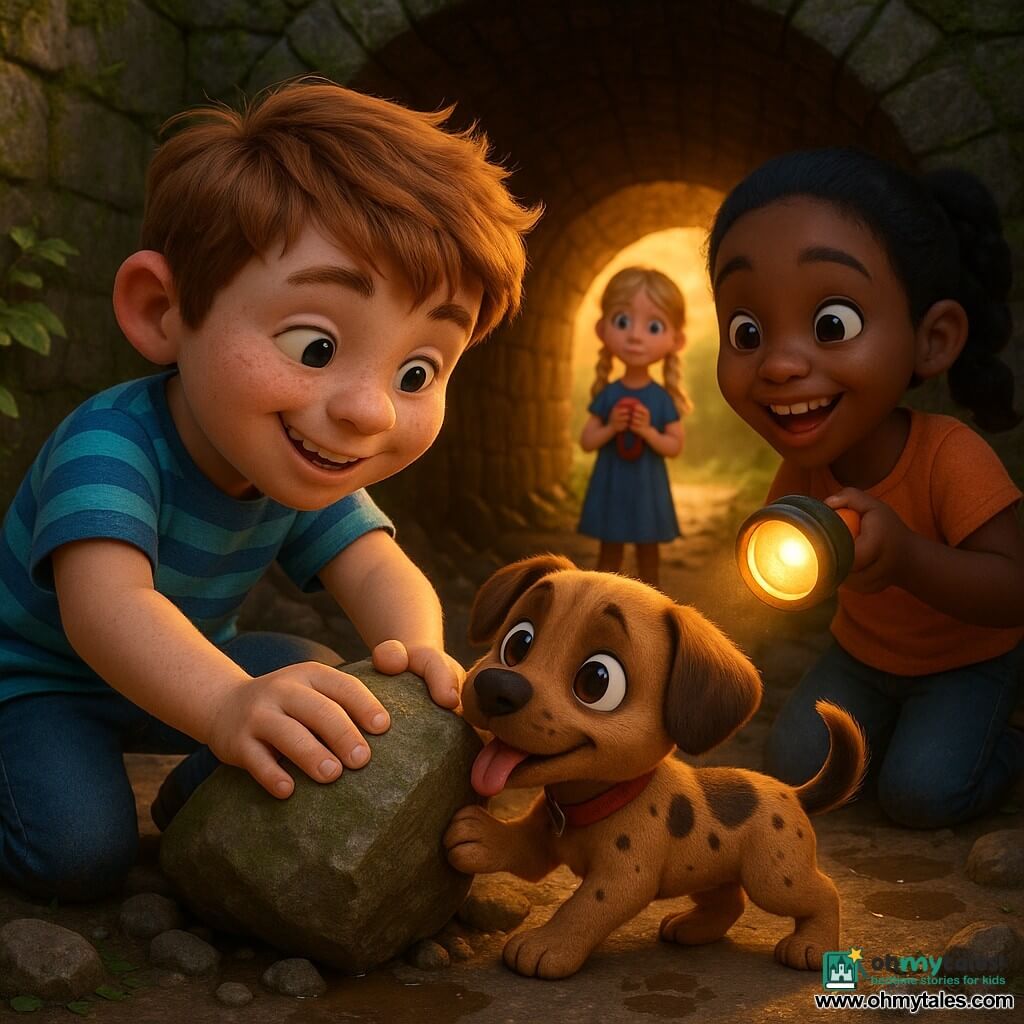 A 10-year-old boy with a round freckled face and tousled light brown hair, determined and relieved smile, wearing a striped blue T-shirt and jeans, crouches and gently pushes a stone to free a small brown-spotted puppy; behind him stands a ~9-year-old girl (Mia) with black hair in a ponytail, excited and encouraging, holding an orange flashlight that illuminates the scene, while an ~8-year-old girl (the owner) with braided blonde hair watches at the tunnel entrance, worried then joyful, clutching a small red necklace. The puppy is small with wet, wide eyes, wagging its tail and licking the boy's hand. Location: moss-covered stone fort with a low vaulted dark tunnel, fallen rocks and damp footprints, golden sunset light filtering in. Moment: the puppy's release, tight composition on the characters, warm emotions, saturated colors and soft textures, contrast between the tunnel shadow and warm exterior light, reassuring adventurous atmosphere. Style: 3D animated film render, cute expressive characters, rounded volumes, detailed textures (stone, moss, fur), warm contrasting palette and cinematic depth of field.