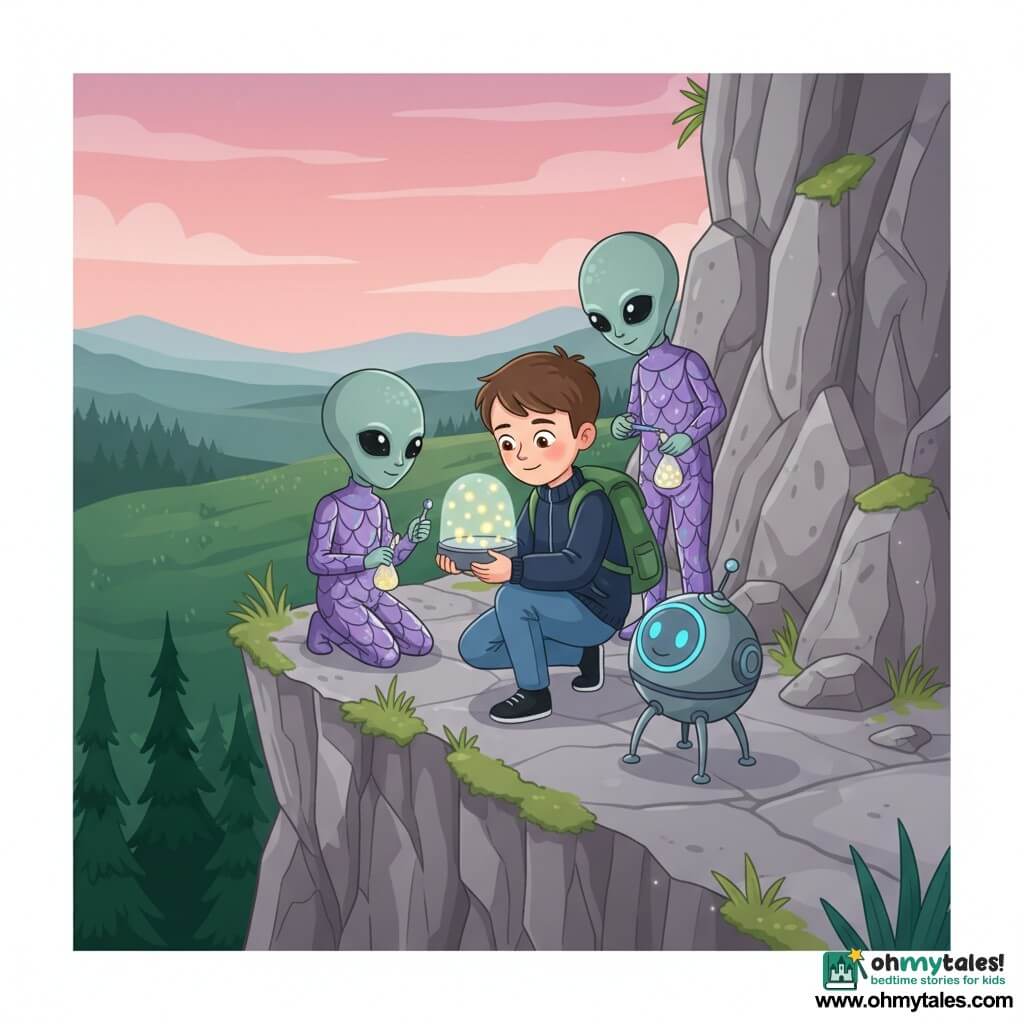 A shy smiling 12-year-old boy with short brown hair and hazel eyes, wearing a navy jacket and green backpack, crouches on a narrow cliffside trail holding a small dome lamp with moving lights and gazes at it in wonder; three child-sized gray-green smooth-skinned aliens with large black eyes and iridescent scale-like suits form a circle around him, each holding a small shiny tool or a pouch of glowing marbles and gently stabilizing the lights while a small round three-legged beacon robot with a blue glowing ring clicks and watches; the rocky cliff has textured gray stones, dark pines below, a deep green valley and a pink-blue twilight sky, with grasses and moss between rocks; the scene is calm, warm and slightly magical with soft lamp light illuminating faces and costumes; color palette: pastel sky, deep greens, stone grays, cyan and gold accents, clean lines, simple shapes and flat contrasts for a childlike rendering.