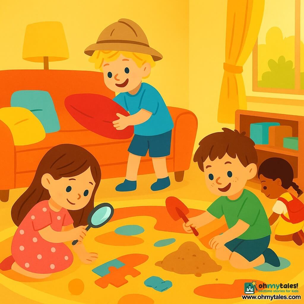 There are 4 children: Mia, a 4-year-old girl with long brown hair and sparkling eyes, wearing a pink polka dot dress and holding a magnifying glass, carefully looking at the ground; Sam, a 4-year-old boy with messy blonde hair and a mischievous smile, wearing a blue t-shirt and a little explorer hat, rummaging under a couch cushion; Leo, a 4-year-old boy with brown hair and freckles on his nose, dressed in a green t-shirt and shorts, digging in the sand with a small shovel; and Noor, a 4-year-old girl with braided black hair and curious eyes, wearing a yellow overall and holding a small backpack, searching under a shelf. The setting is a warm and colorful living room with a large plush couch, a soft rug with bright patterns, and scattered toys. Cushions of various sizes are stacked like soft mountains, and golden light filters through the curtains. The main scene shows the four children on an adventure, searching for hidden puzzle pieces in their living room. They are all focused and smiling, each exploring a different corner, surrounded by vibrant colors and a joyful atmosphere.