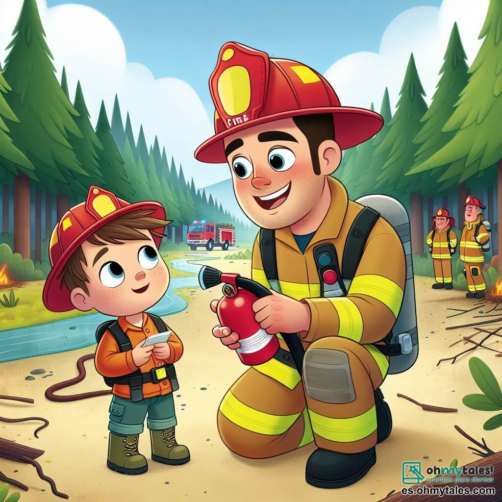 Un bombero llamado Pablo está en el centro de la imagen, con una gran sonrisa en su rostro, mostrando su determinación y coraje. Lleva un casco rojo brillante y un traje de bombero amarillo con bandas reflectantes. Sus ojos brillan de entusiasmo mientras explica a un joven de unos 8 años, Martín, que lo mira con admiración, sosteniendo un pequeño extintor de plástico. La escena tiene lugar en un amplio bosque, rodeado de árboles verdes, donde hay huellas de humo en el aire. El suelo está cubierto de hojas y ramitas, y a lo lejos se ve un camión de bomberos rojo estacionado, listo para intervenir. Pablo comparte consejos sobre la lucha contra incendios con Martín, quien está cautivado por las historias de valentía y trabajo en equipo, mientras otros bomberos organizan su equipo a su alrededor.