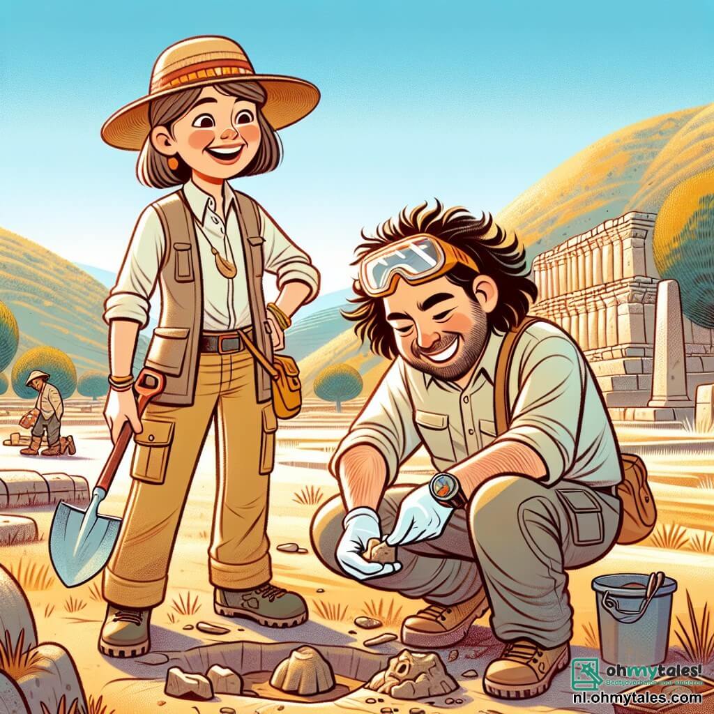 Ava, een dertigjarige vrouwelijke archeoloog, staat op een stoffig veld in Turkije met een grote glimlach van opwinding op haar gezicht. Ze draagt een strohoed, een beige lange mouwen shirt en een cargo broek, en houdt een kleine schep in haar rechterhand terwijl ze een stuk klei in haar linkerhand bekijkt. Naast haar zit een twintigjarige jongeman, haar collega, met rommelig bruin haar en een veiligheidsbril. Hij zit gehurkt en maakt voorzichtig een fragment van een aardewerk schoon met een penseel, geconcentreerd en verwonderd door zijn ontdekking. De locatie is een uitgestrekte archeologische site, omgeven door groene heuvels en oude bomen, met oude stenen ruïnes die uit de grond oprijzen, verlicht door het gouden zonlicht. De hoofdscene toont Ava en haar collega die verborgen schatten in de grond ontdekken, met vreugde op hun gezichten, terwijl ze oude voorwerpen blootleggen die het verhaal van de Hettieten vertellen.