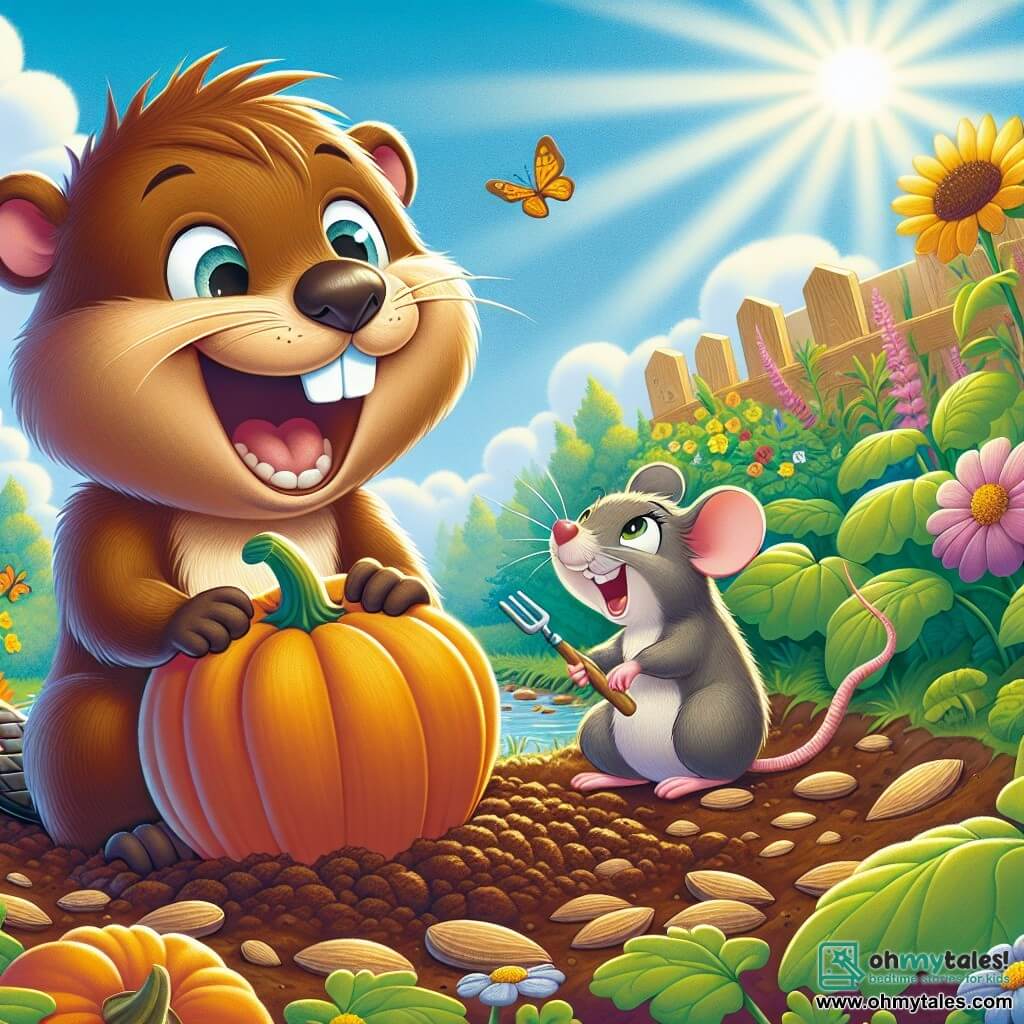 Benny the beaver, with his brown fur and big joyful smile, is planting pumpkin seeds in a sunny garden. His eyes sparkle with excitement and his little tail is raised, showing his enthusiasm. Next to him, Mabel the mouse, with her gray fur and large curious ears, holds a small shovel and laughs while looking at Benny, her eyes shining with joy. She is squatting beside him, surrounded by colorful flowers and green vegetables. The garden is vibrant, filled with neatly arranged rows of vegetables, bright flowers, and a clear blue sky dotted with fluffy white clouds. Butterflies flutter around, adding a touch of magic to the scene. Benny and Mabel are having fun planting seeds, laughing and sharing stories while enjoying the warmth of the summer sun.