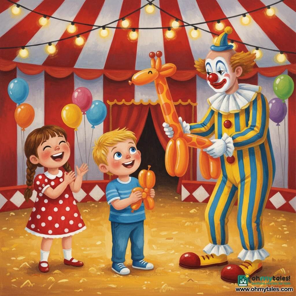 A 2-year-old chubby blond boy Timmy, smiling in wonder, holds a misshapen balloon and watches a clown model an orange balloon giraffe; to his left a ~4-year-old girl Bella with brown braids in a red polka-dot dress laughs and claps. The tall male clown Bobo, with white face paint and shiny red nose in a yellow-and-blue striped costume, stands under a red-and-white striped circus tent with a golden sawdust floor, warm string lights and multicolored balloons, joyful colorful scene.